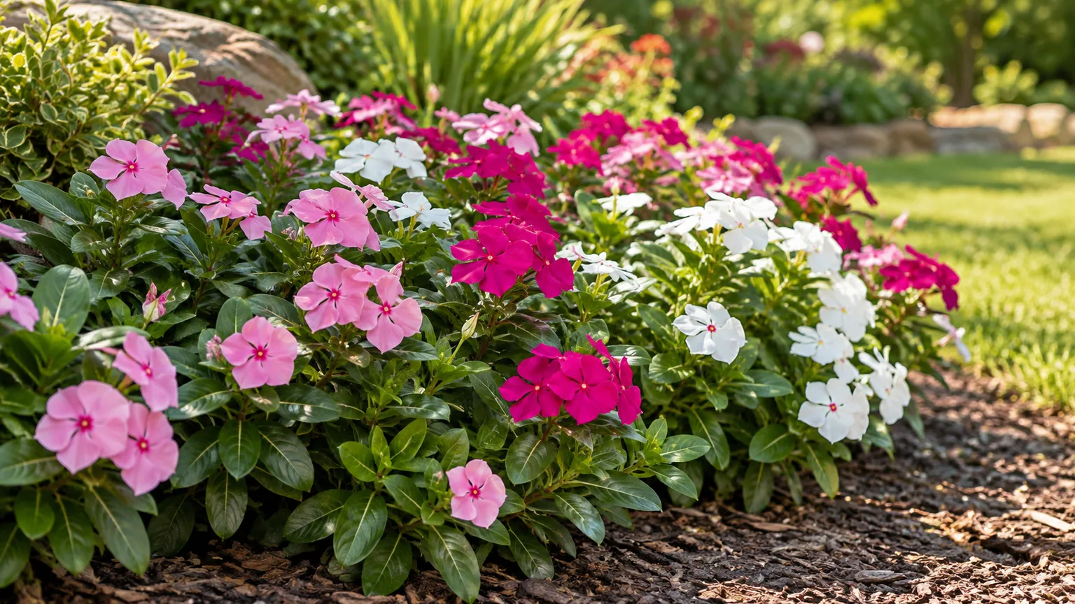Pink, white, and magenta annual vinca flowering in a sunny garden bed