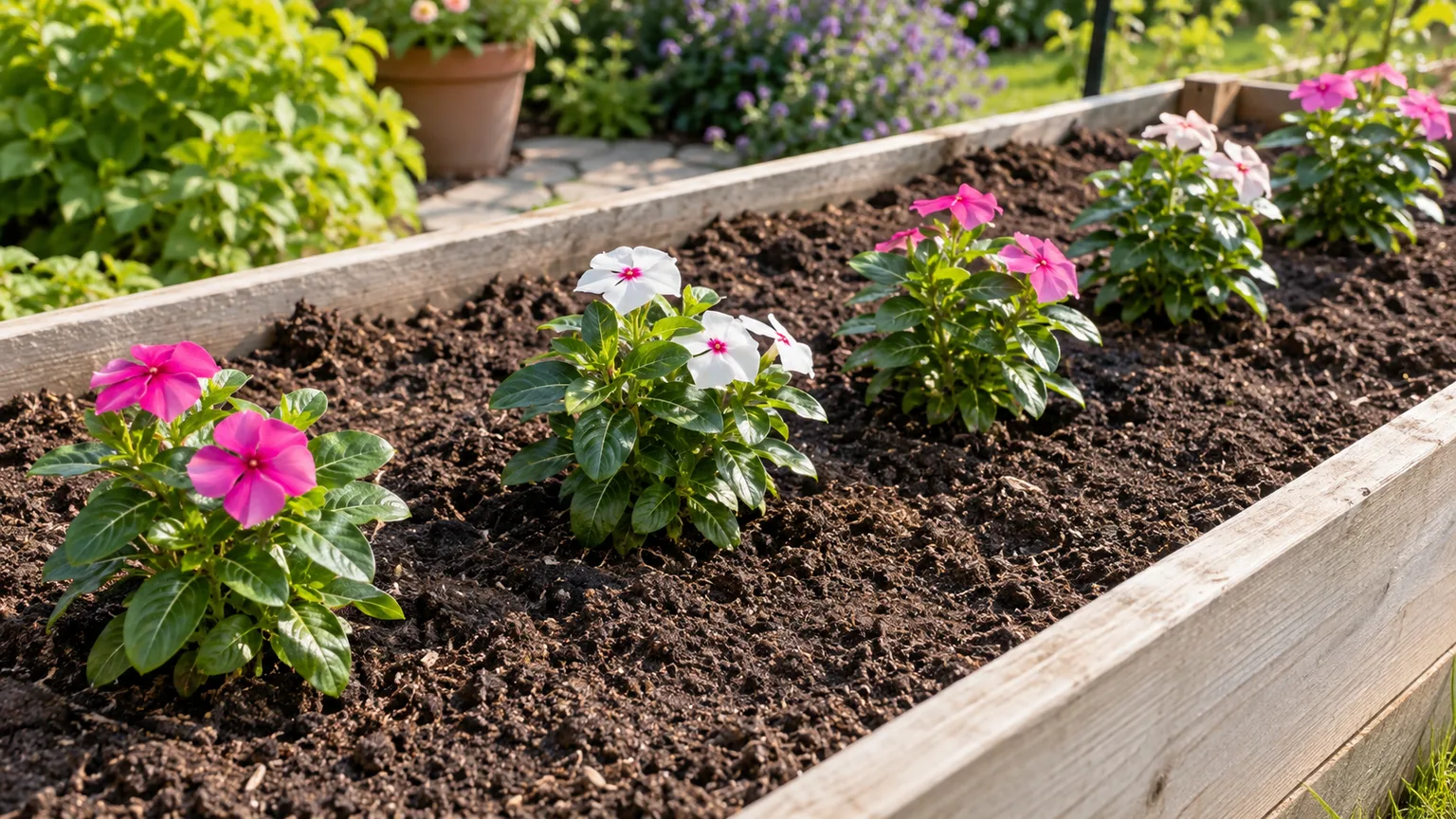 Preparing a raised sunny bed with loose soil for annual vinca transplants