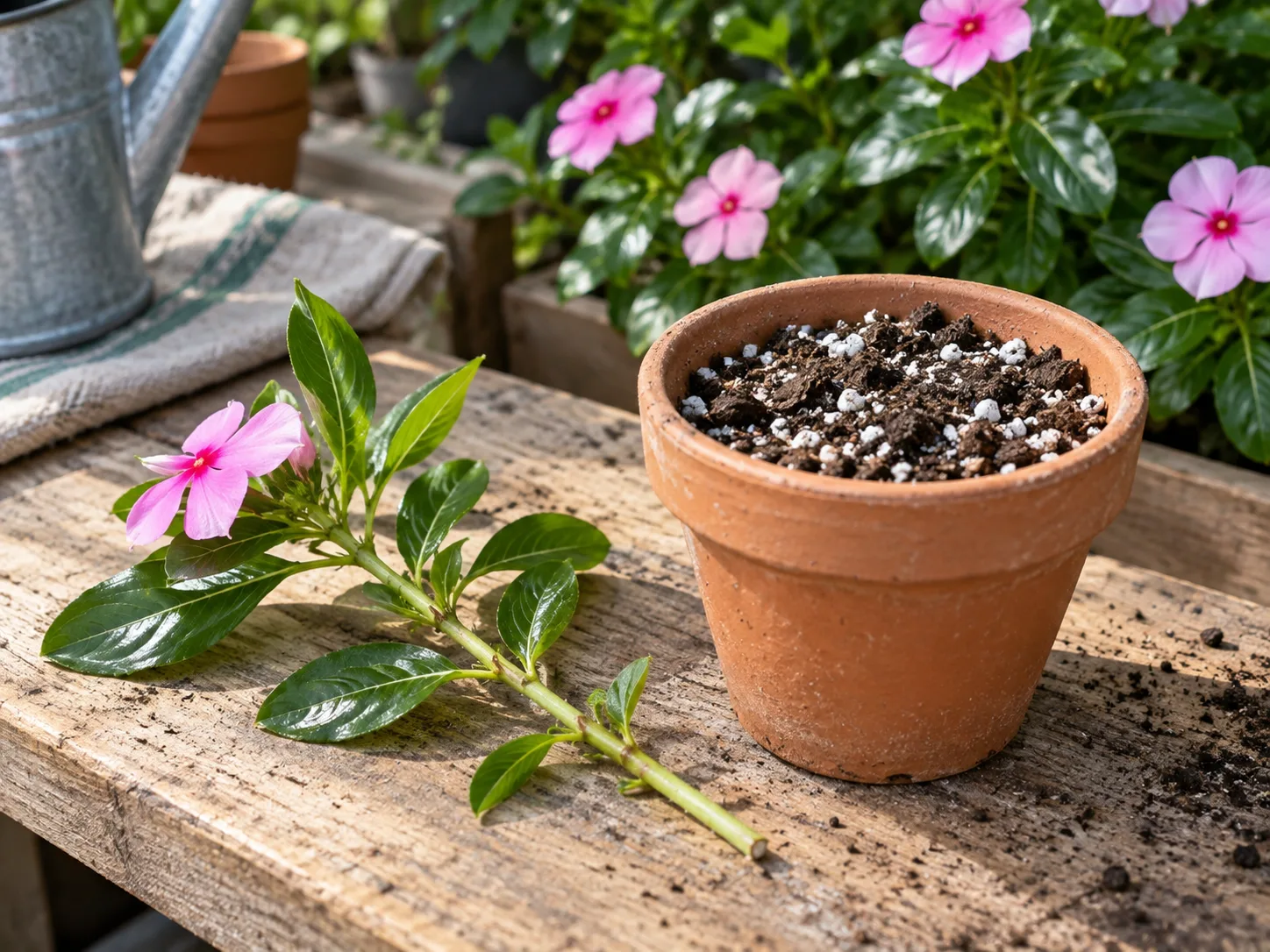 A healthy annual vinca cutting and small pot of fast-draining propagation mix on a clean potting bench