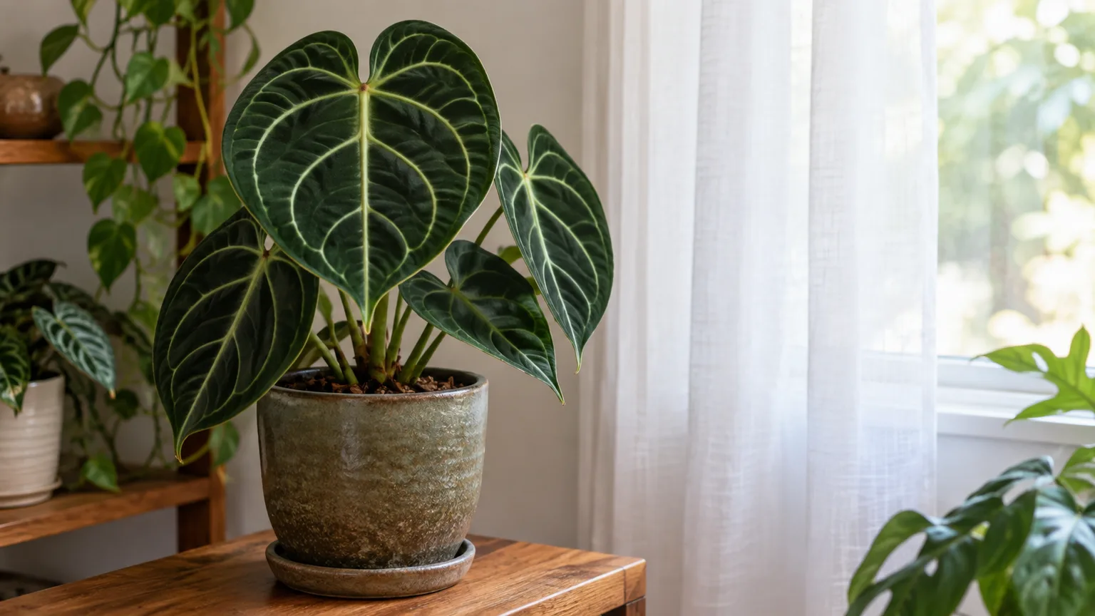 Anthurium clarinervium receiving bright, filtered window light indoors
