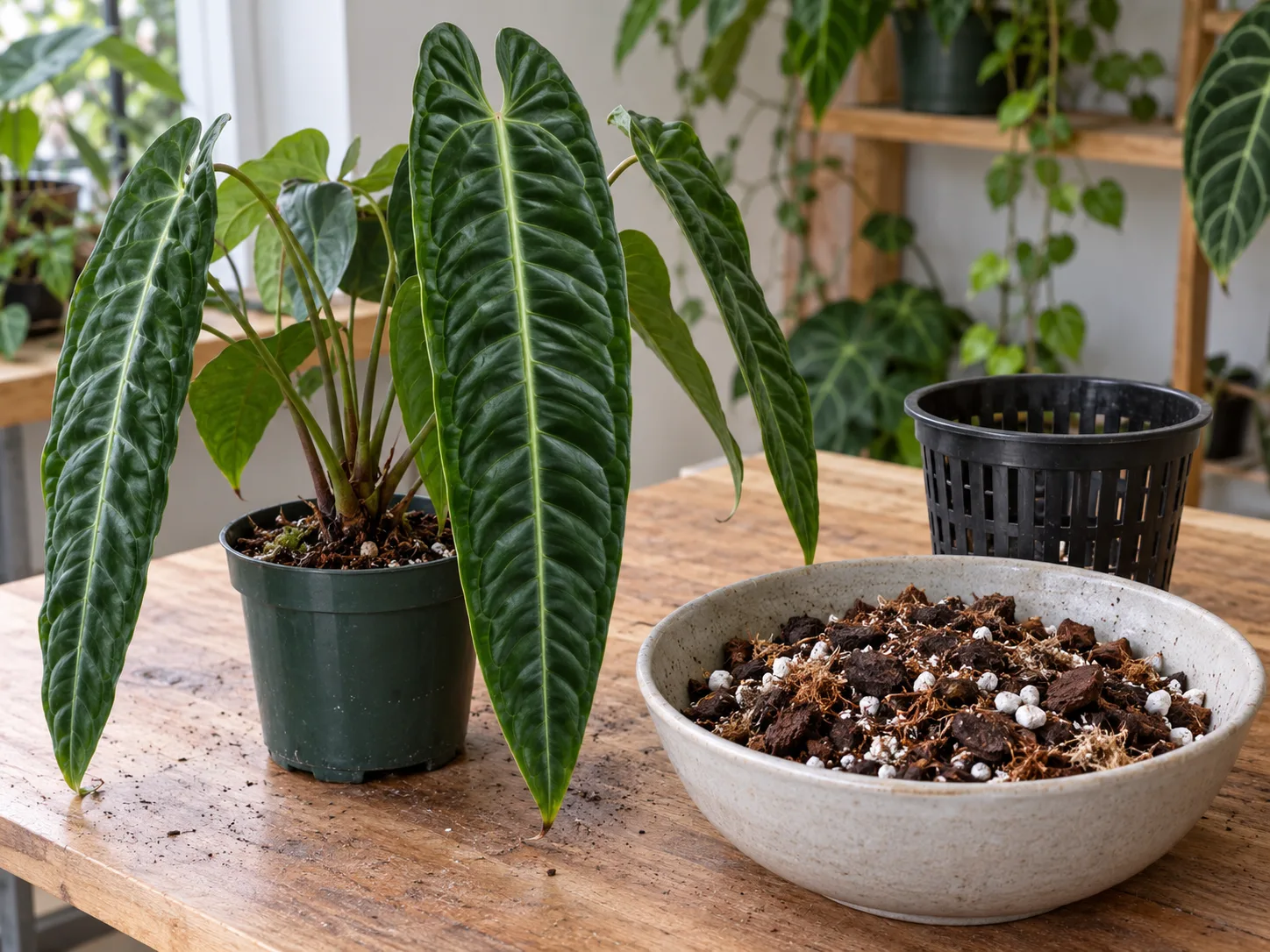 Airy aroid potting mix with orchid bark and perlite beside a young Anthurium veitchii