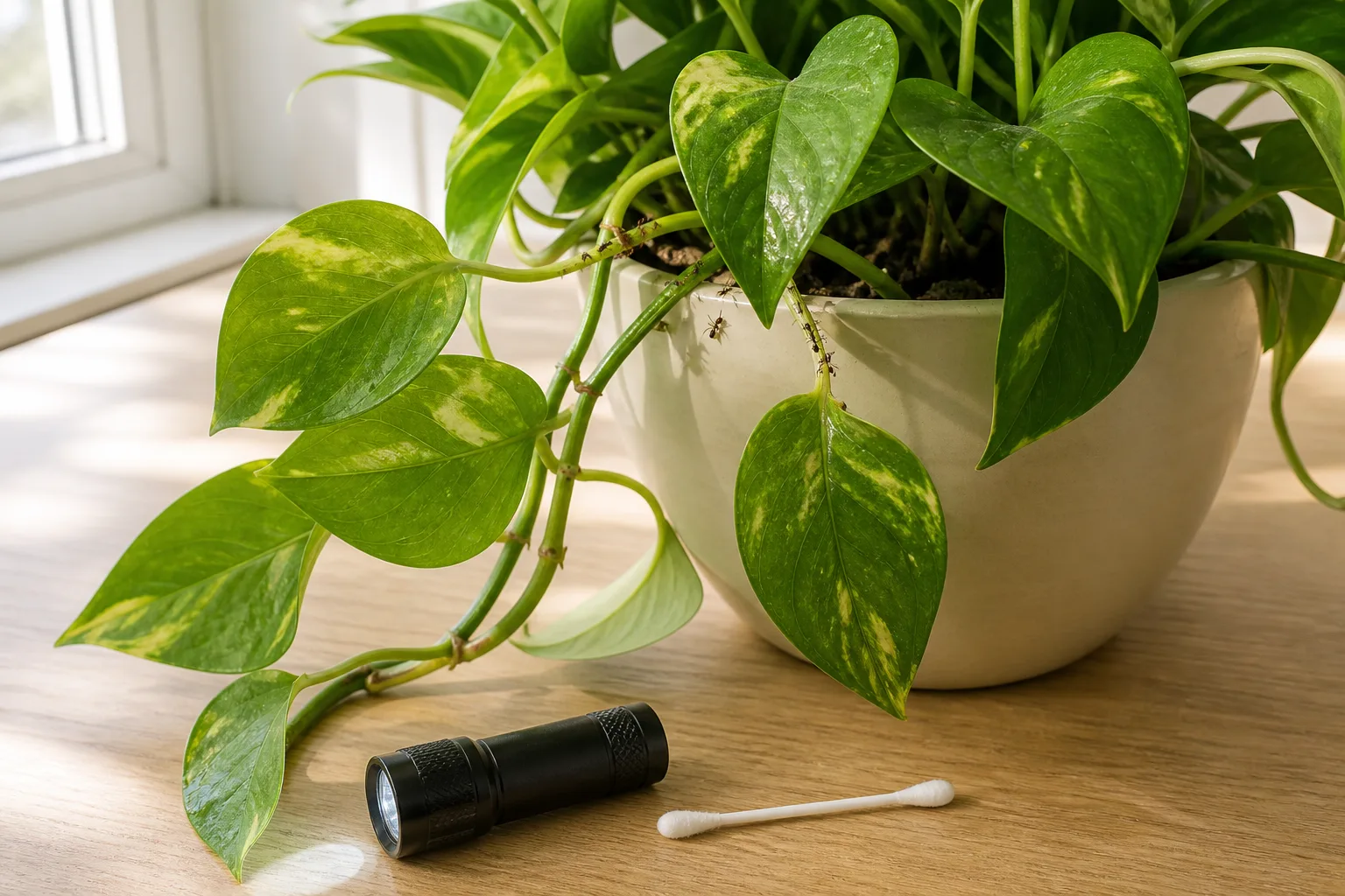 Flashlight inspection of ant trail endpoint on houseplant stems and leaf joints