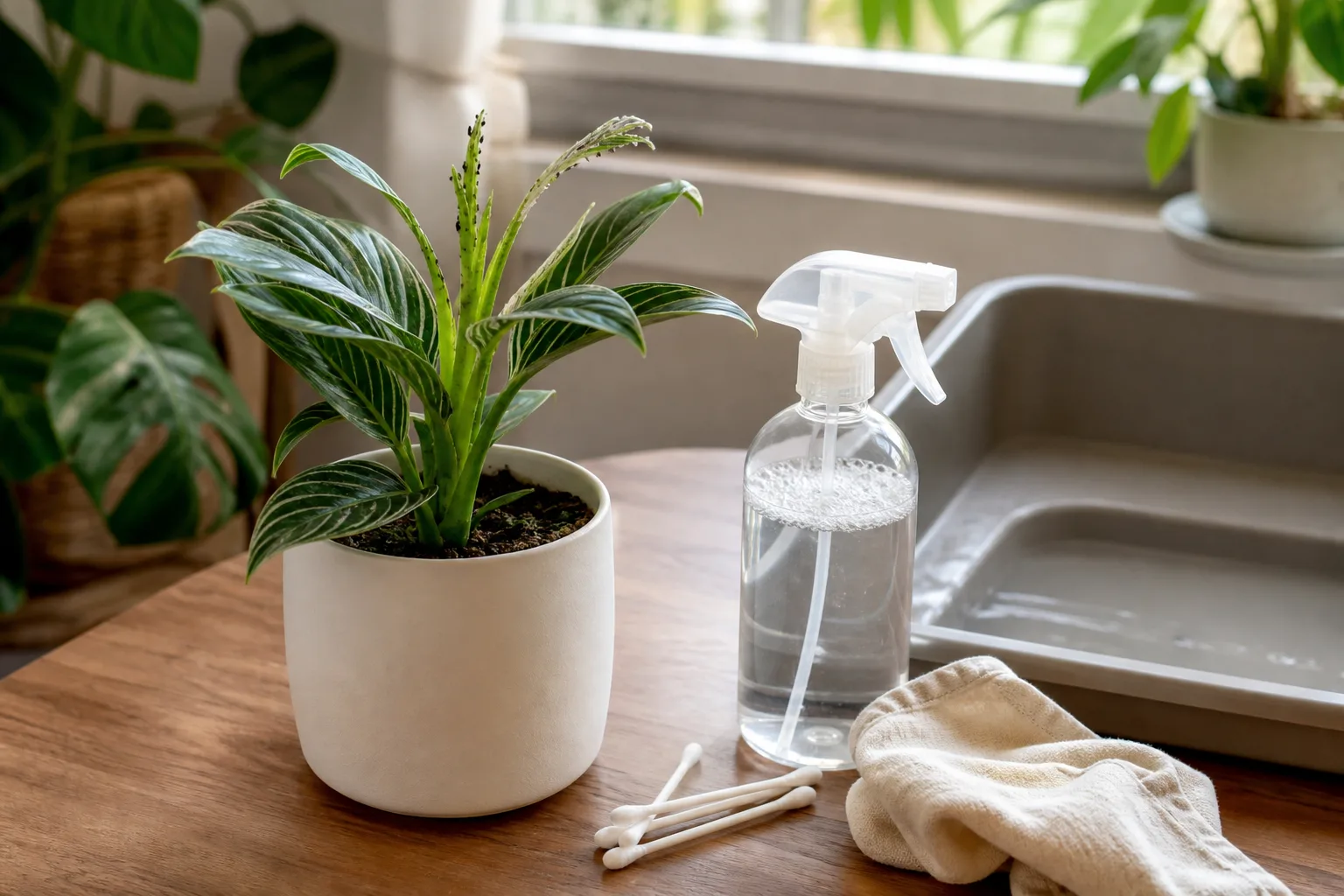 Sink-side treatment sequence: isolated hibiscus rinsed, curled tips pruned, insecticidal soap ready for undersides