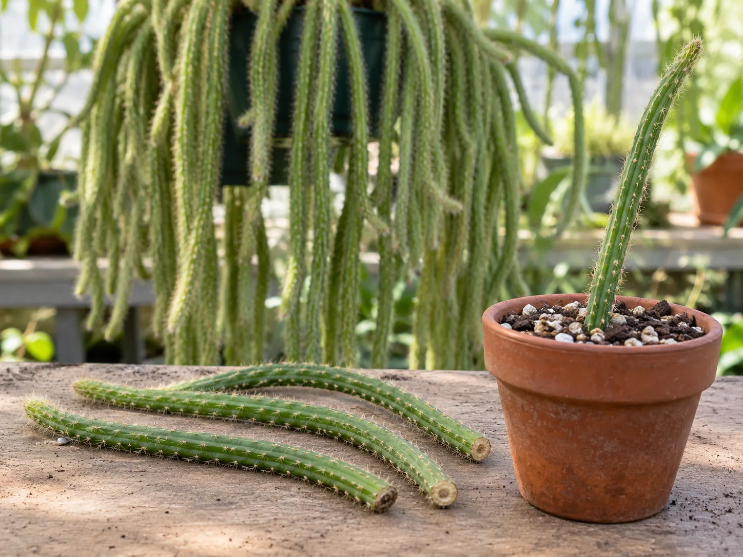 Callused rat tail cactus stem cuttings set shallowly in cactus mix