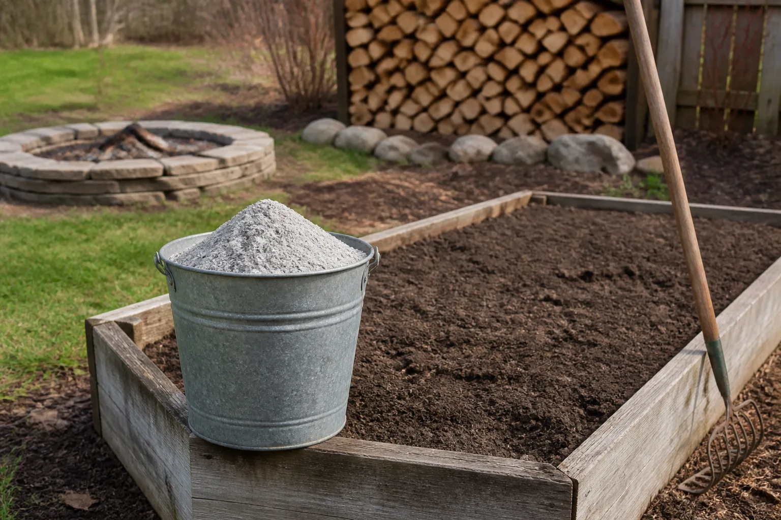 Metal bucket of gray wood ash beside a raised vegetable bed in early spring
