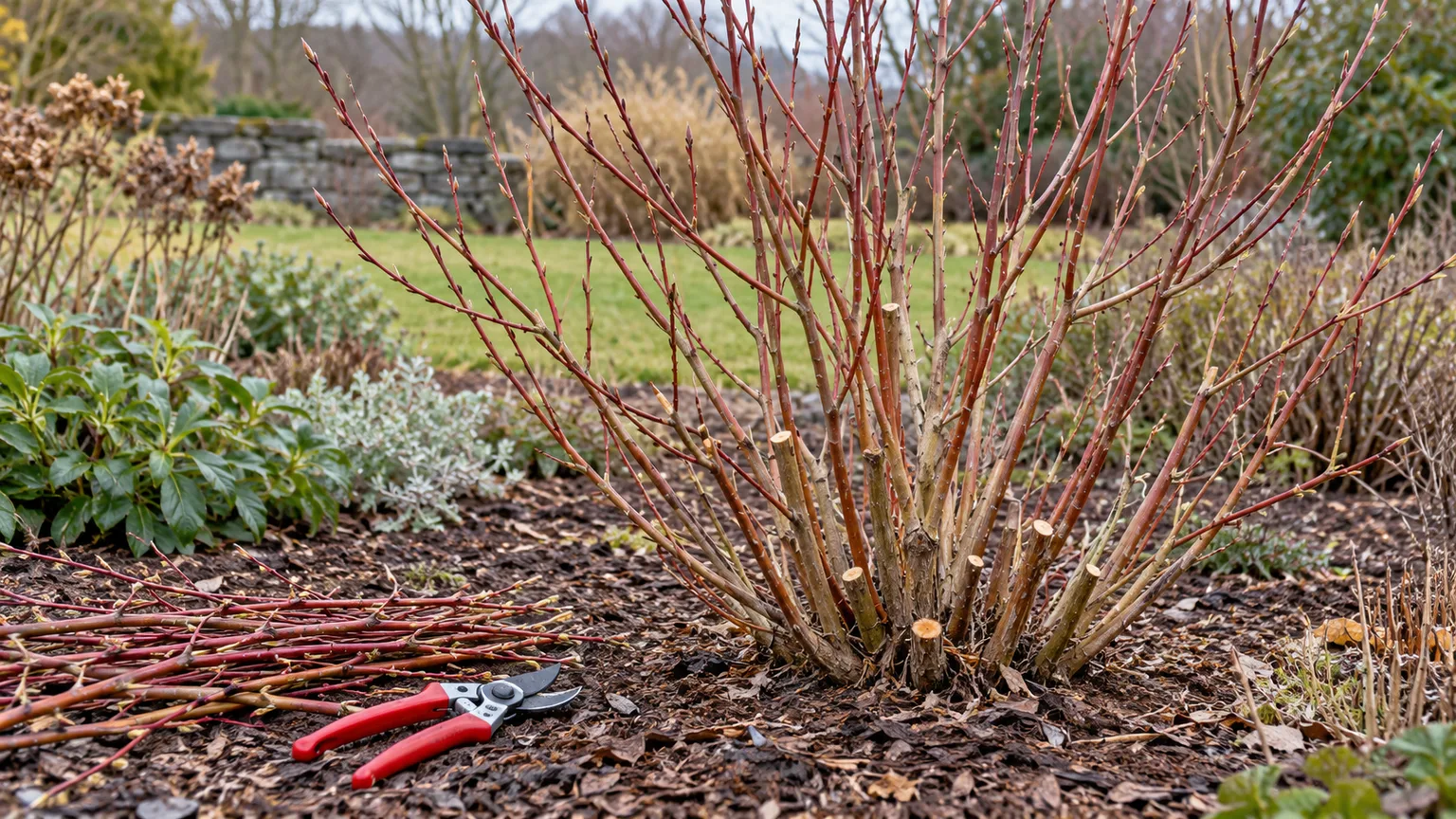 Flamingo willow after selective late-winter pruning, with clean pruners and removed stems beside the shrub