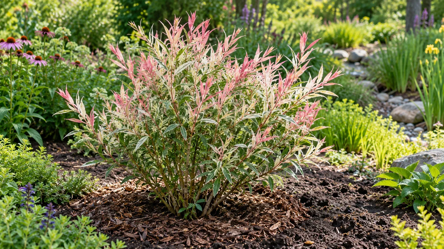 Flamingo willow planted in a sunny garden bed with moist, well-drained soil and a broad mulch ring