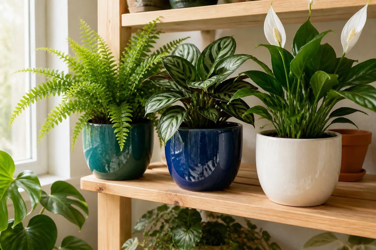 Colorful glazed ceramic decorative planters holding healthy houseplants on a bright indoor shelf