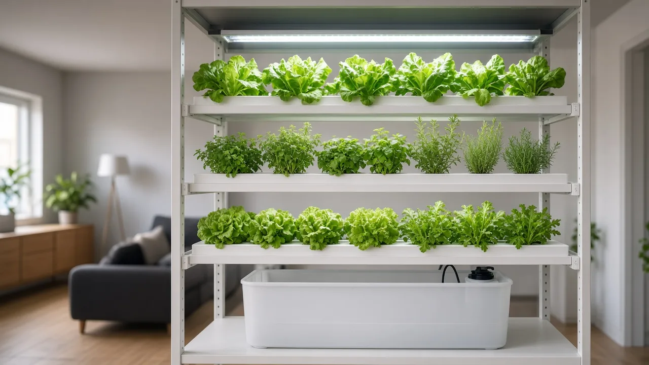 Indoor hydroponic garden with leafy greens, herbs, and LED grow lights