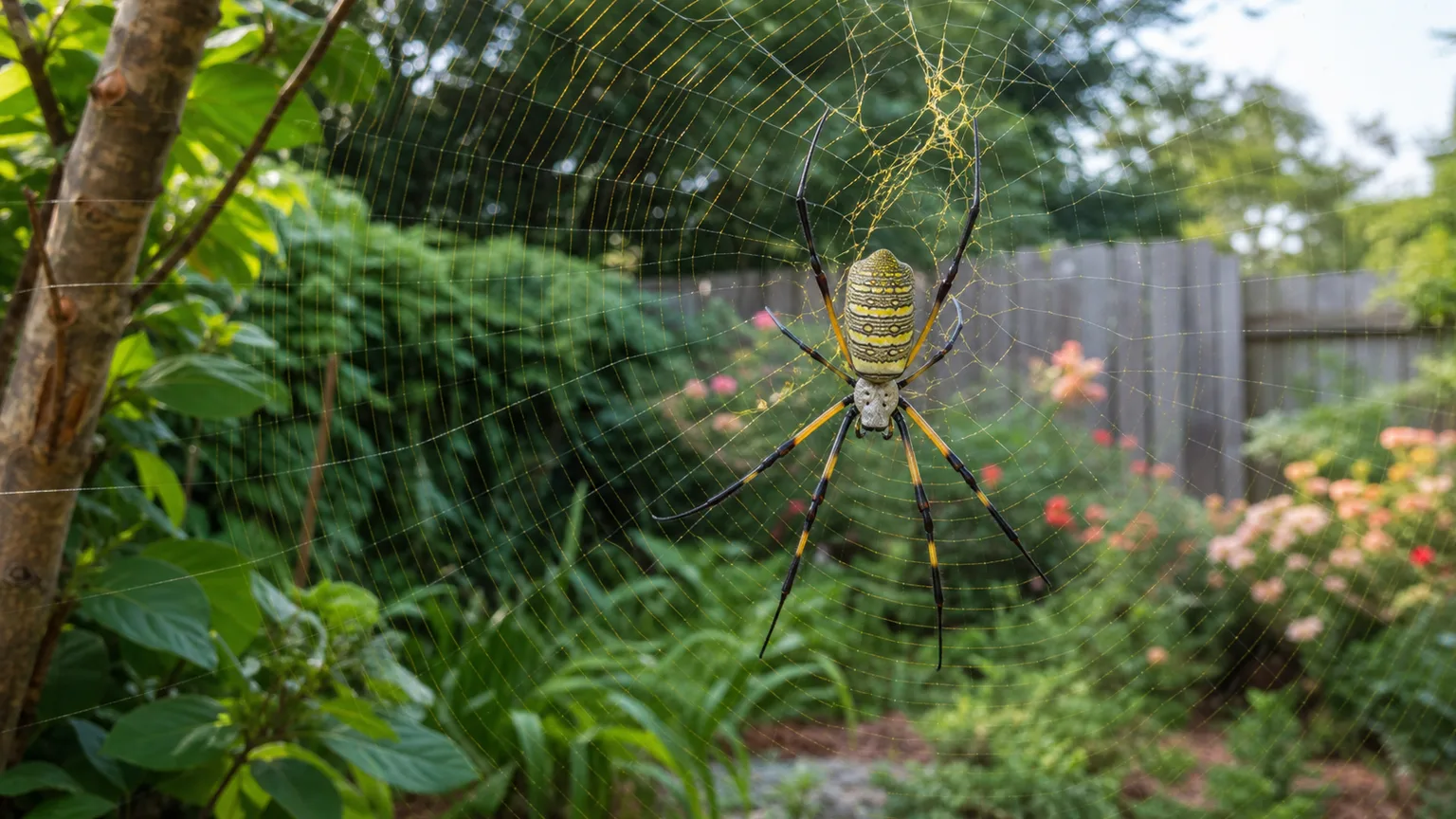 Adult female Joro spider resting in a golden web above a home garden