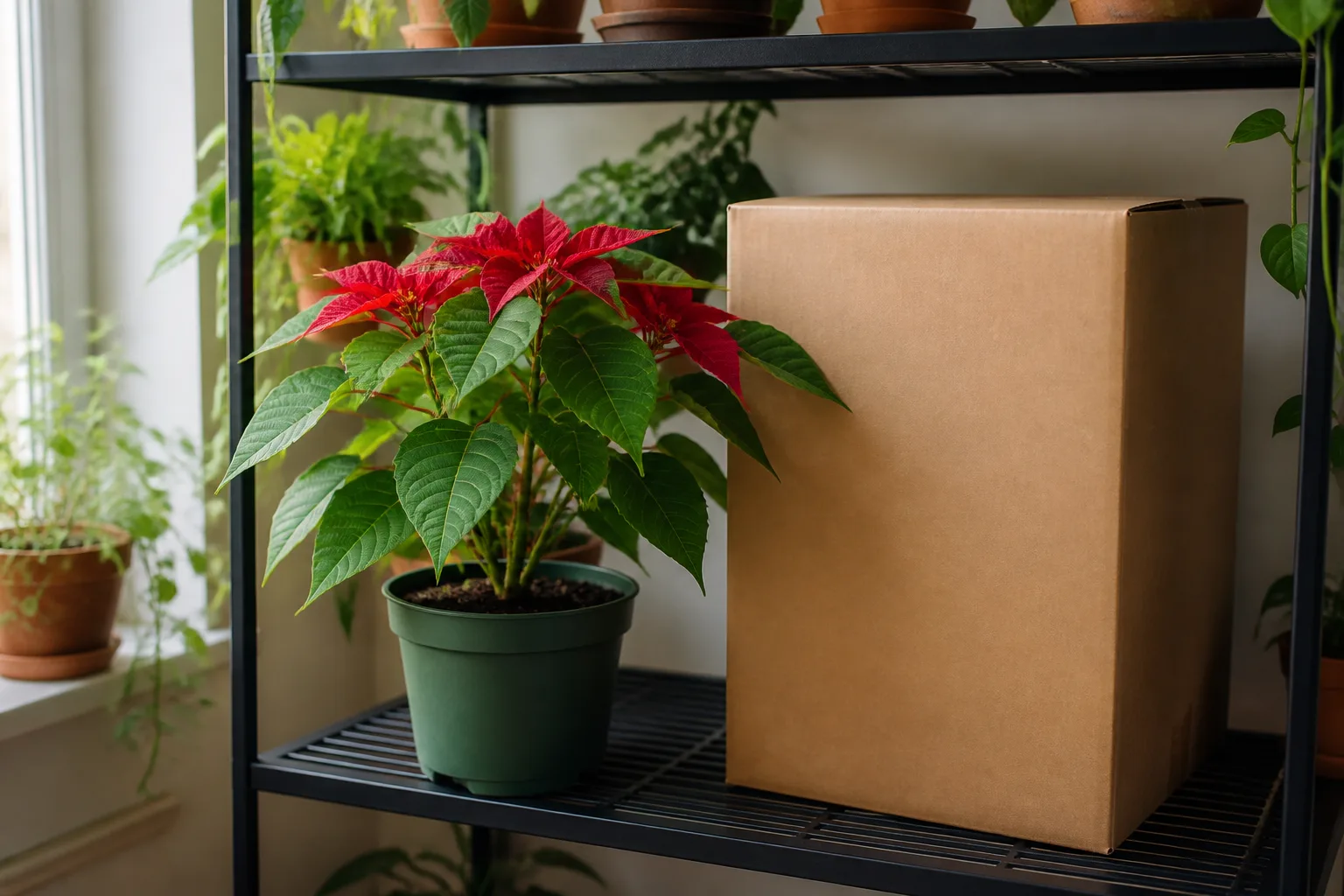 Poinsettia beside a cardboard box used for nightly short-day darkness treatment