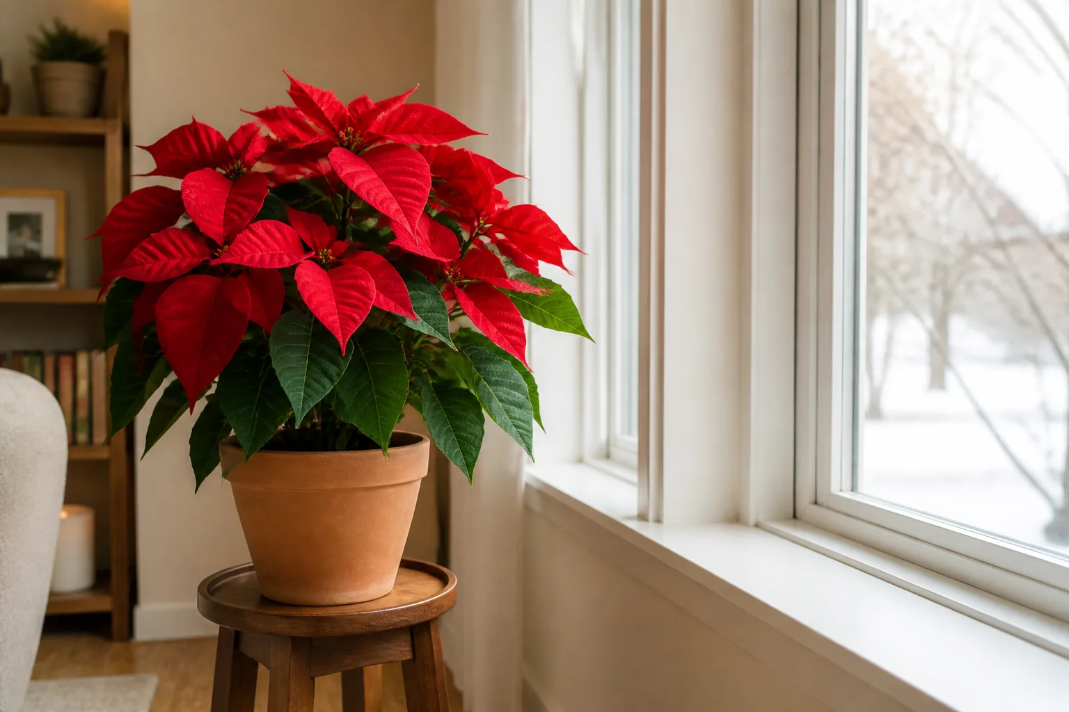 Red poinsettia with bright bracts in a terracotta pot beside a sunny winter window