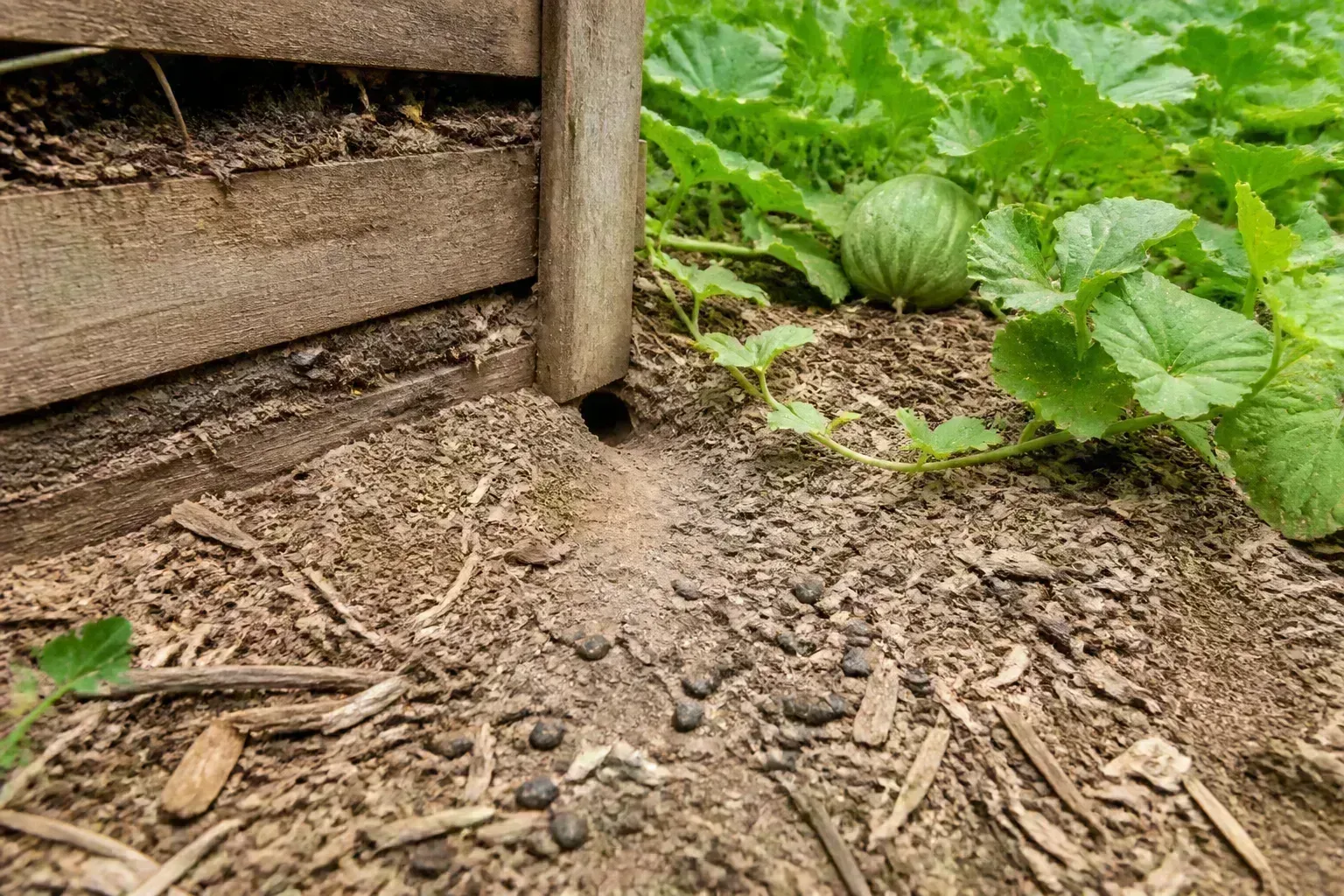 Smooth burrow entrance in mulched soil beside a compost bin in a backyard garden