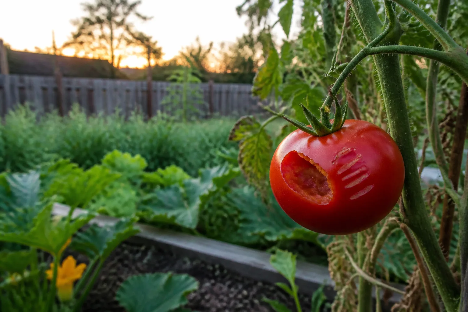 Backyard vegetable garden with a ripe tomato showing parallel rodent gnaw marks on the vine