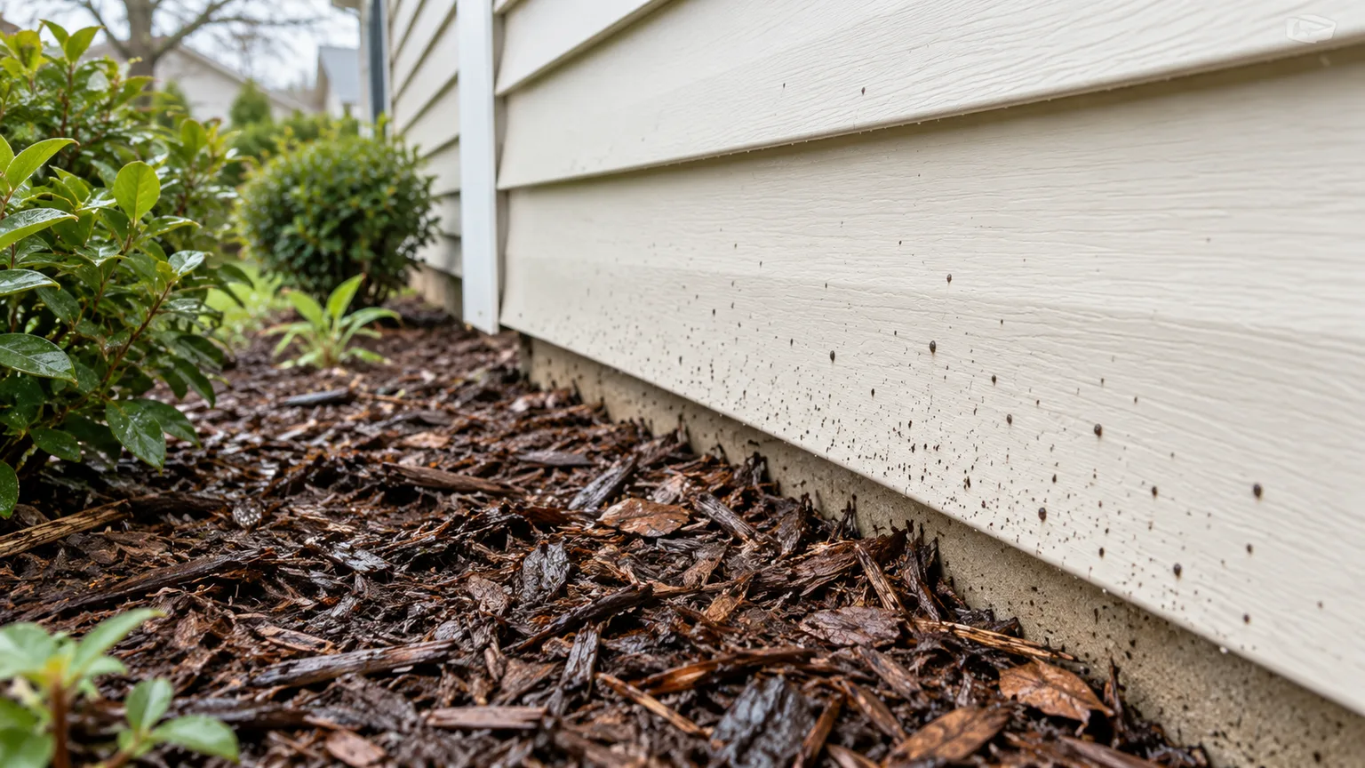 Artillery fungus spots on pale house siding above a damp mulch bed