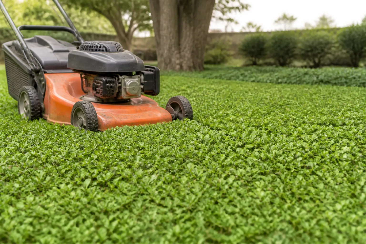 Lawn mower at high setting trimming an established asiatic jasmine groundcover mat in early spring