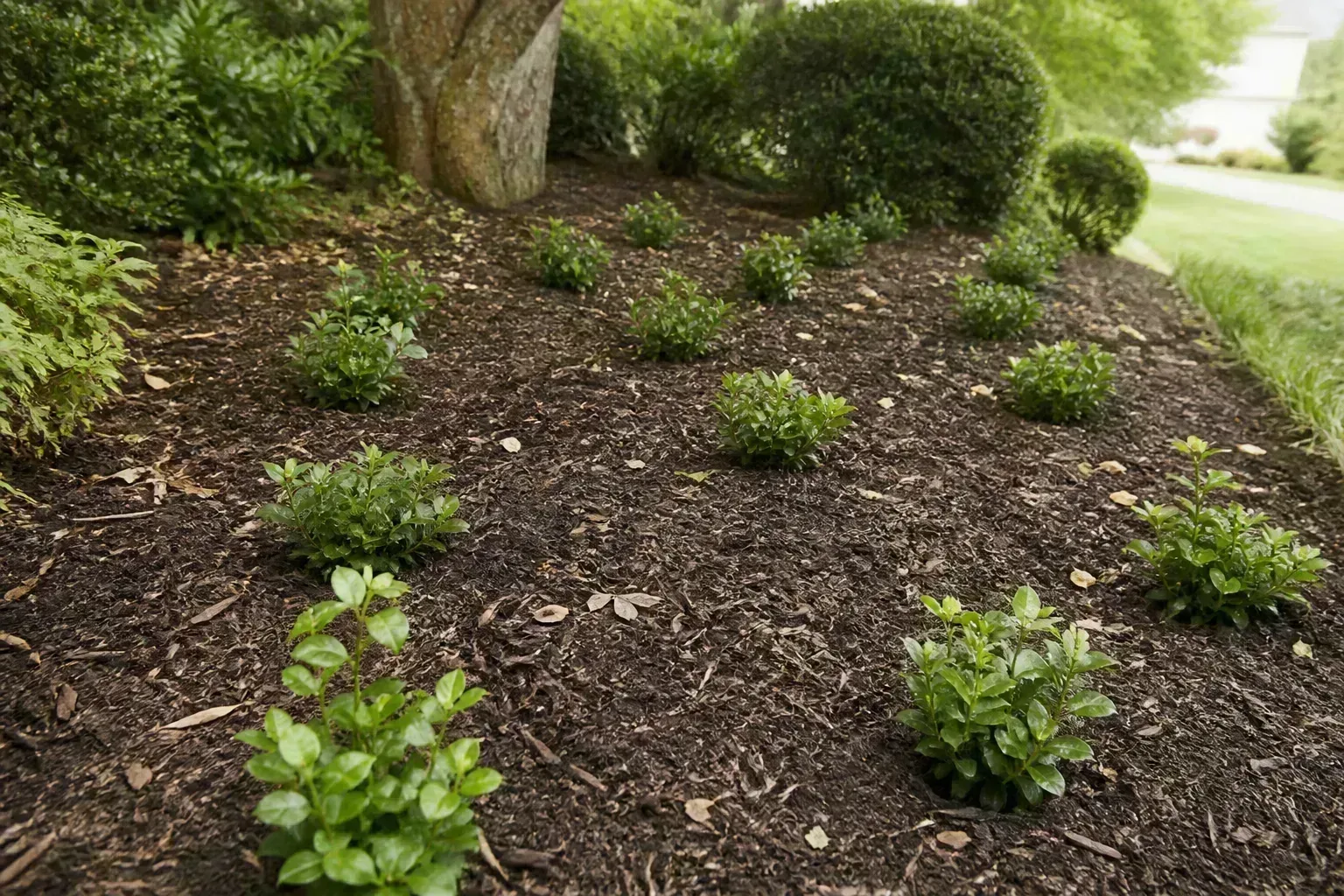 Young asiatic jasmine transplants spaced in a prepared garden bed for ground cover fill-in