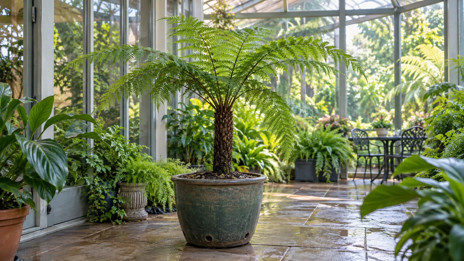 Young Australian tree fern in a large draining pot in a bright, frost-free conservatory
