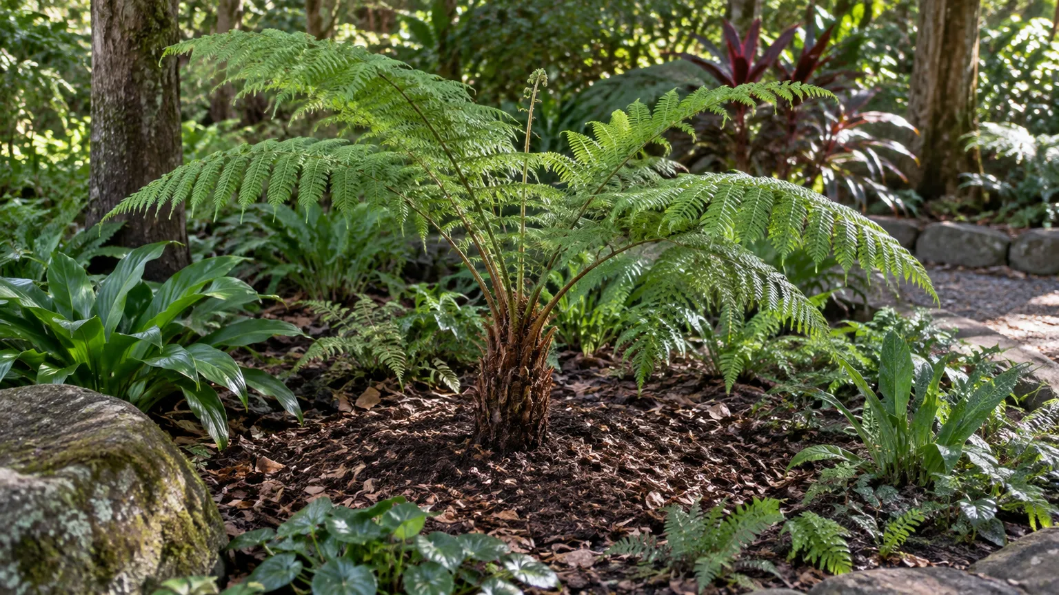 Young Australian tree fern established in a mulched, dappled-shade garden bed