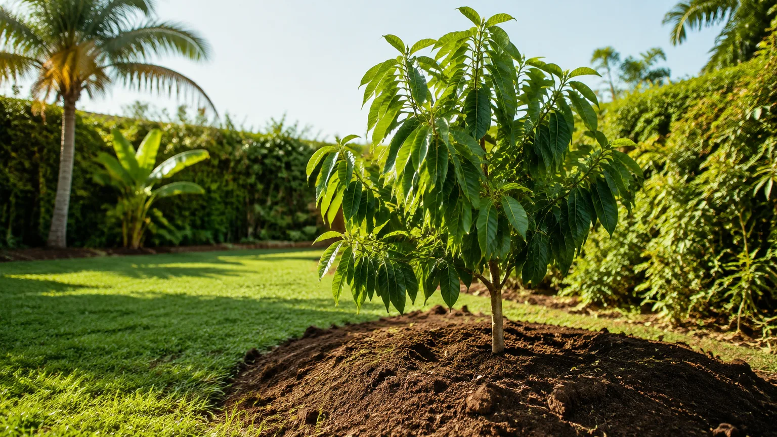 Healthy young avocado tree growing in a sunny, well-drained subtropical garden