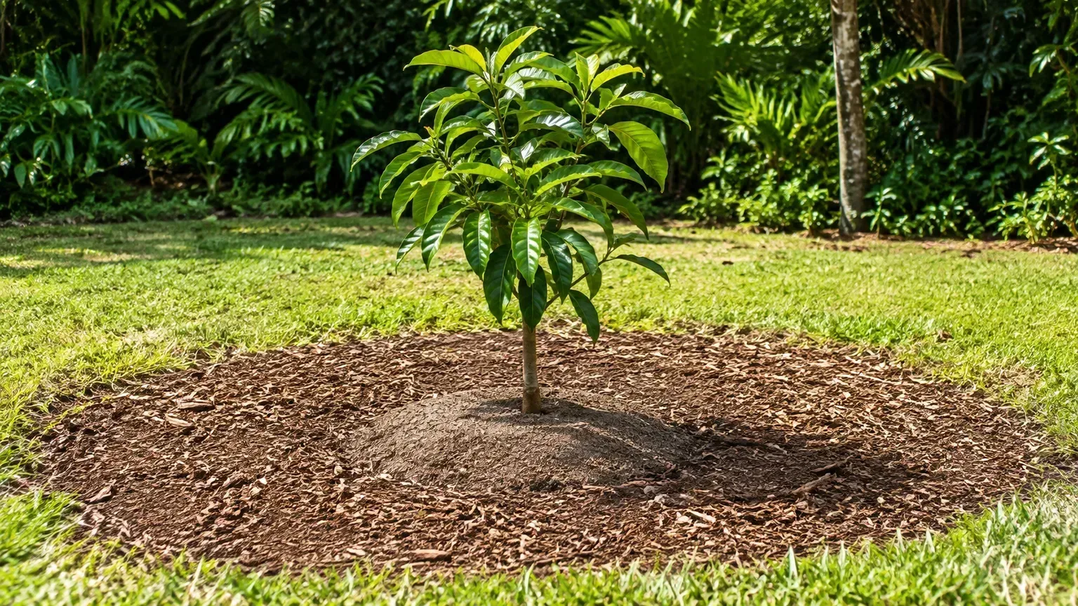 Young avocado tree planted on a broad mound with a grass-free mulched root zone
