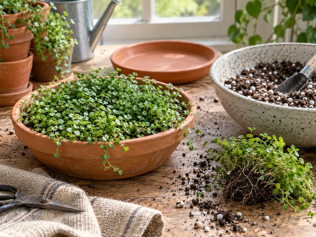 A baby tears mat in a shallow pot beside airy potting mix and a rooted section prepared for repotting.