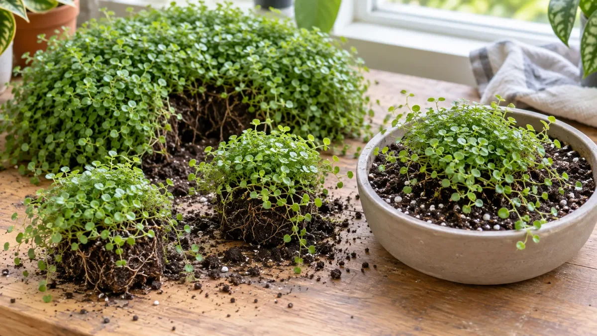 Rooted baby tears divisions arranged beside the parent mat, with one cluster replanted in a shallow pot.