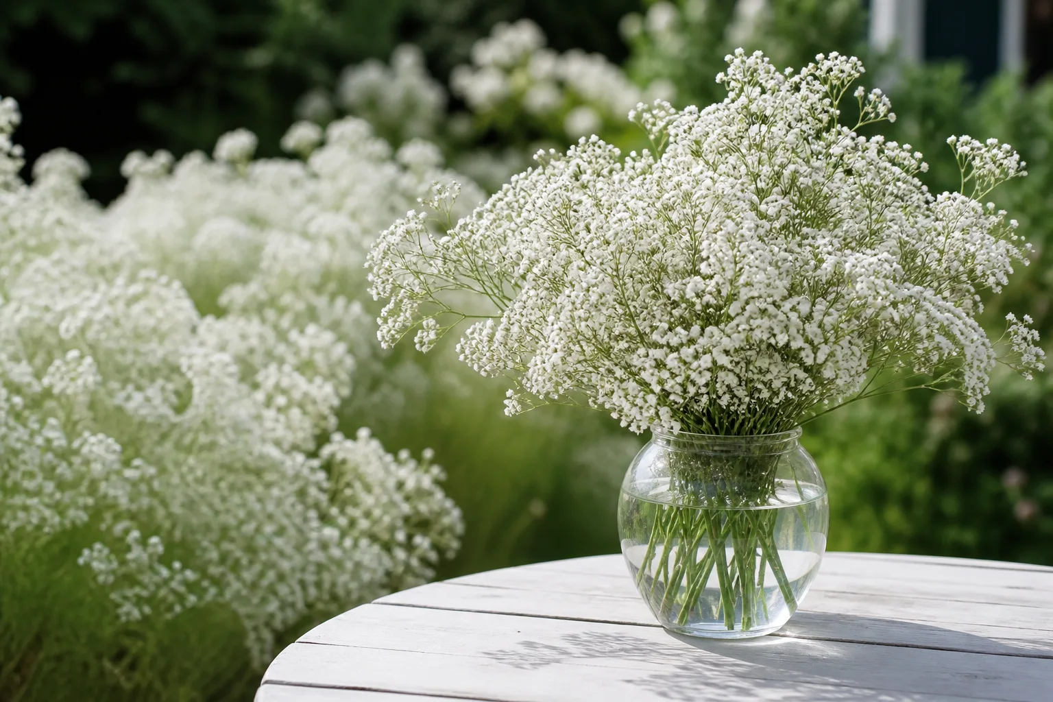 Freshly cut garden flowers with long stems arranged in a glass vase on a potting bench