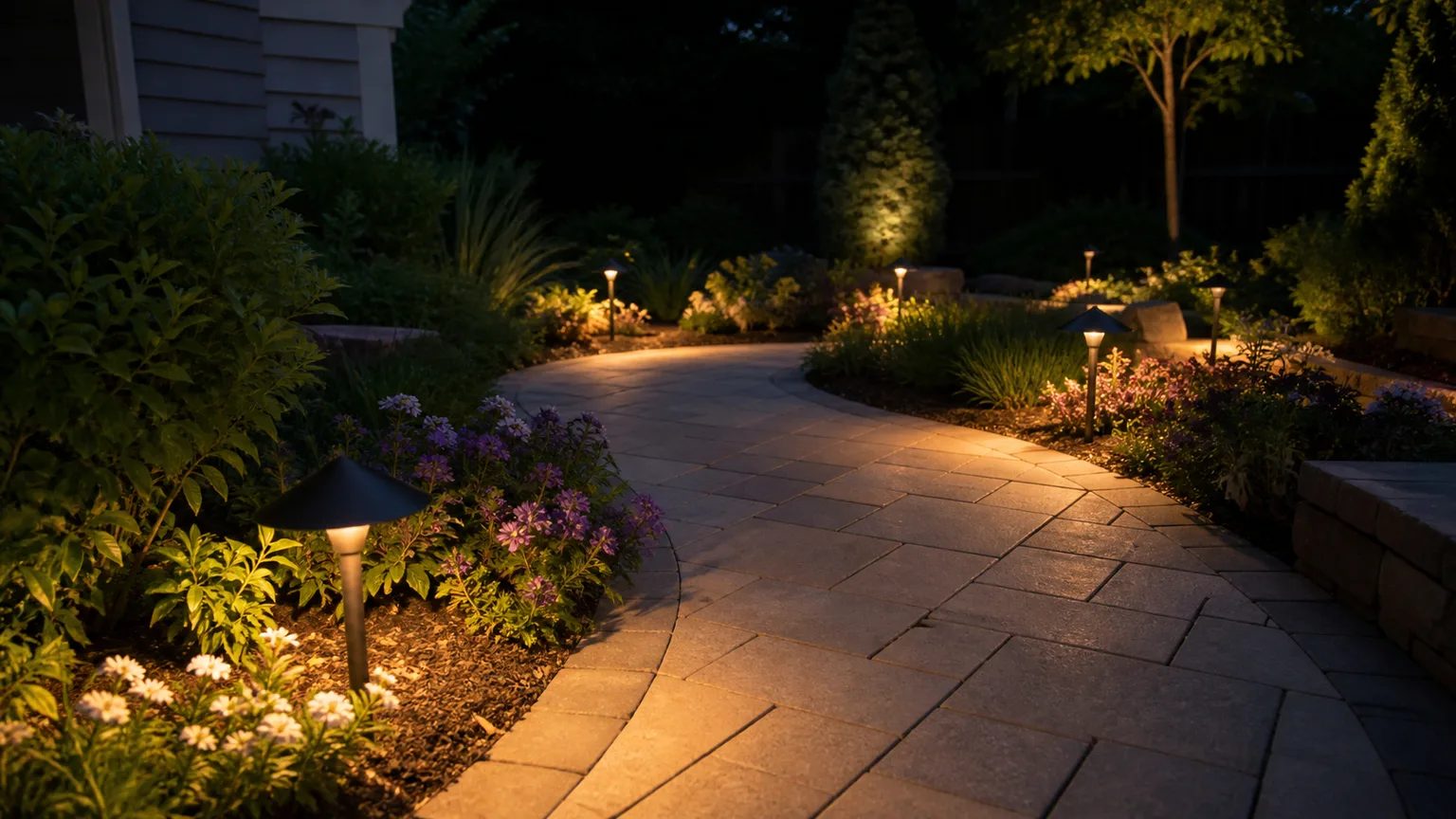 Low-glare path lights guiding a garden walkway through planting beds at dusk