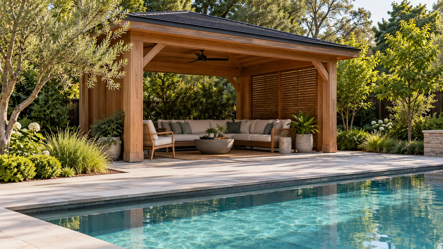 Open-sided timber pool cabana with a pale roof, lounge chairs, and a clear view of the swimming pool