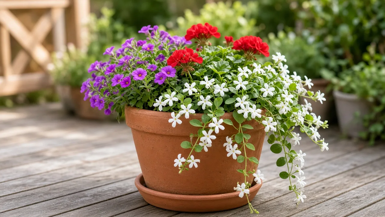 White bacopa trailing over the rim of a mixed patio container with purple calibrachoa and red geranium