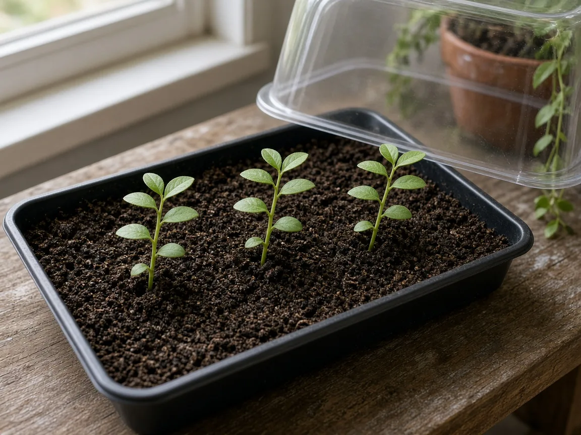 Bacopa stem cuttings rooting in moist seed-starting mix under a humidity dome on a potting bench