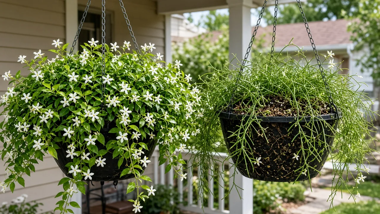 Healthy bacopa hanging basket in full bloom beside a dry basket that dropped its flowers after missed watering