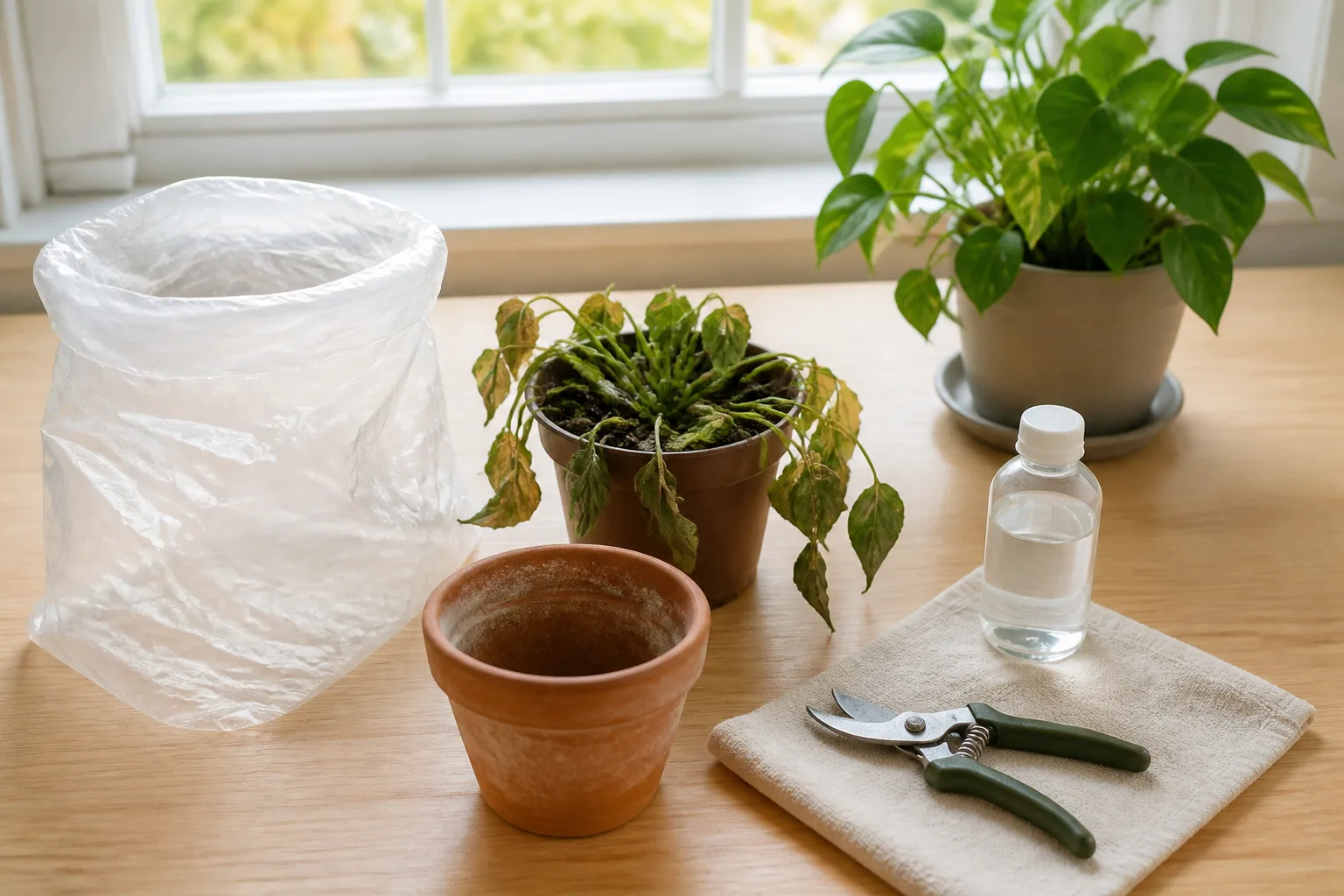 Sealed bag with discarded soft-rotted houseplant and potting mix beside cleaned empty pot
