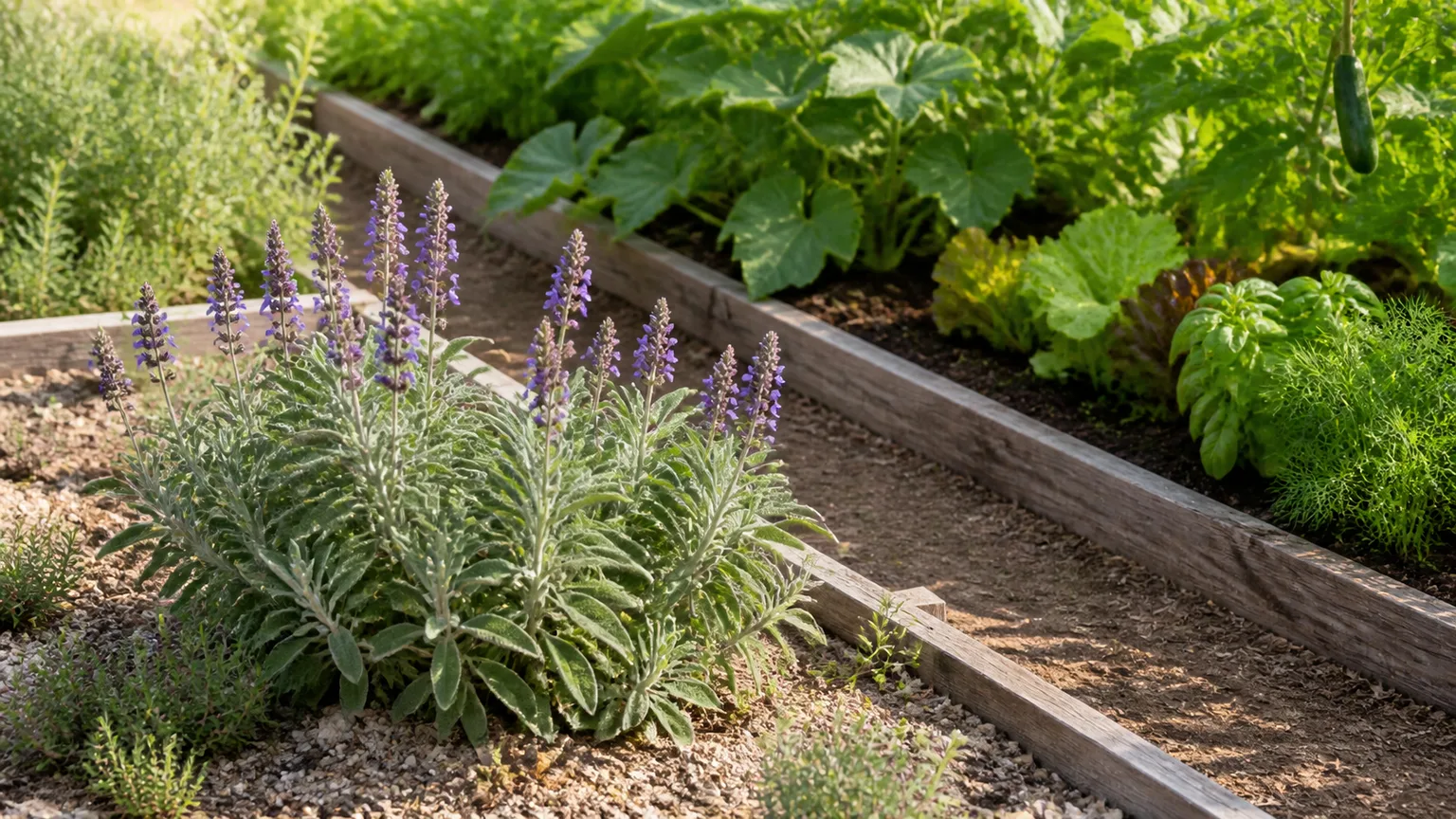 Common sage growing in a dry herb bed beside separate moisture-loving vegetable crops