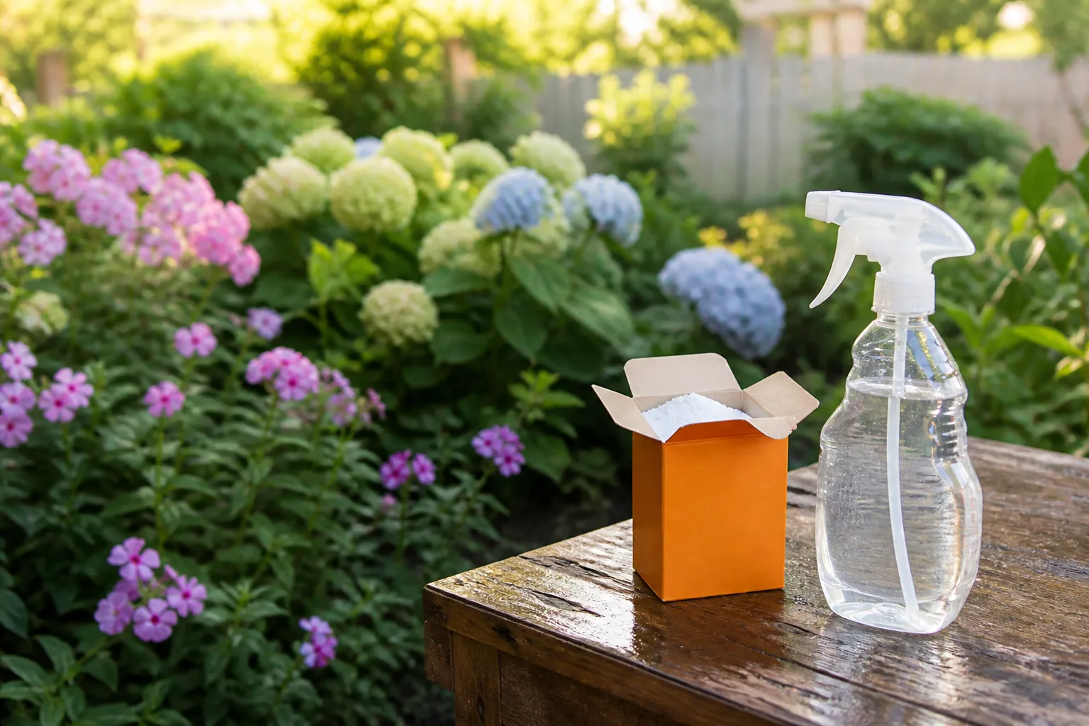Open baking soda box and garden spray bottle on a potting bench beside outdoor ornamental plants