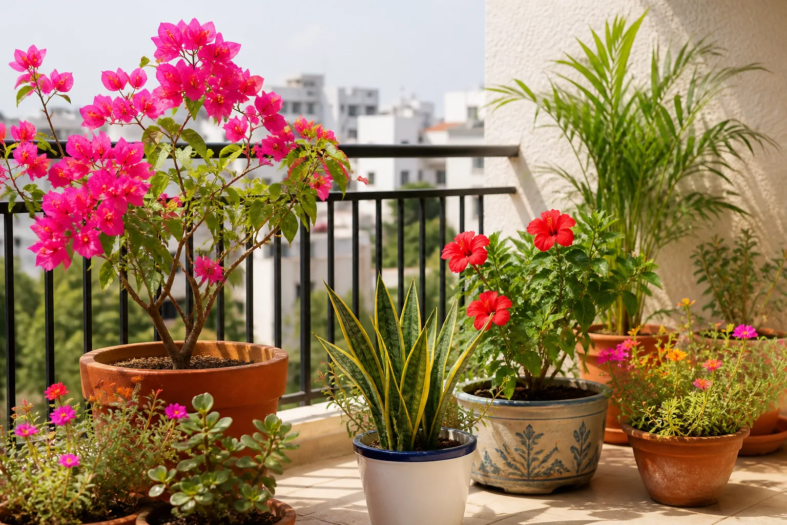 Sunlit Indian apartment balcony with heat-tolerant potted plants in bright summer light