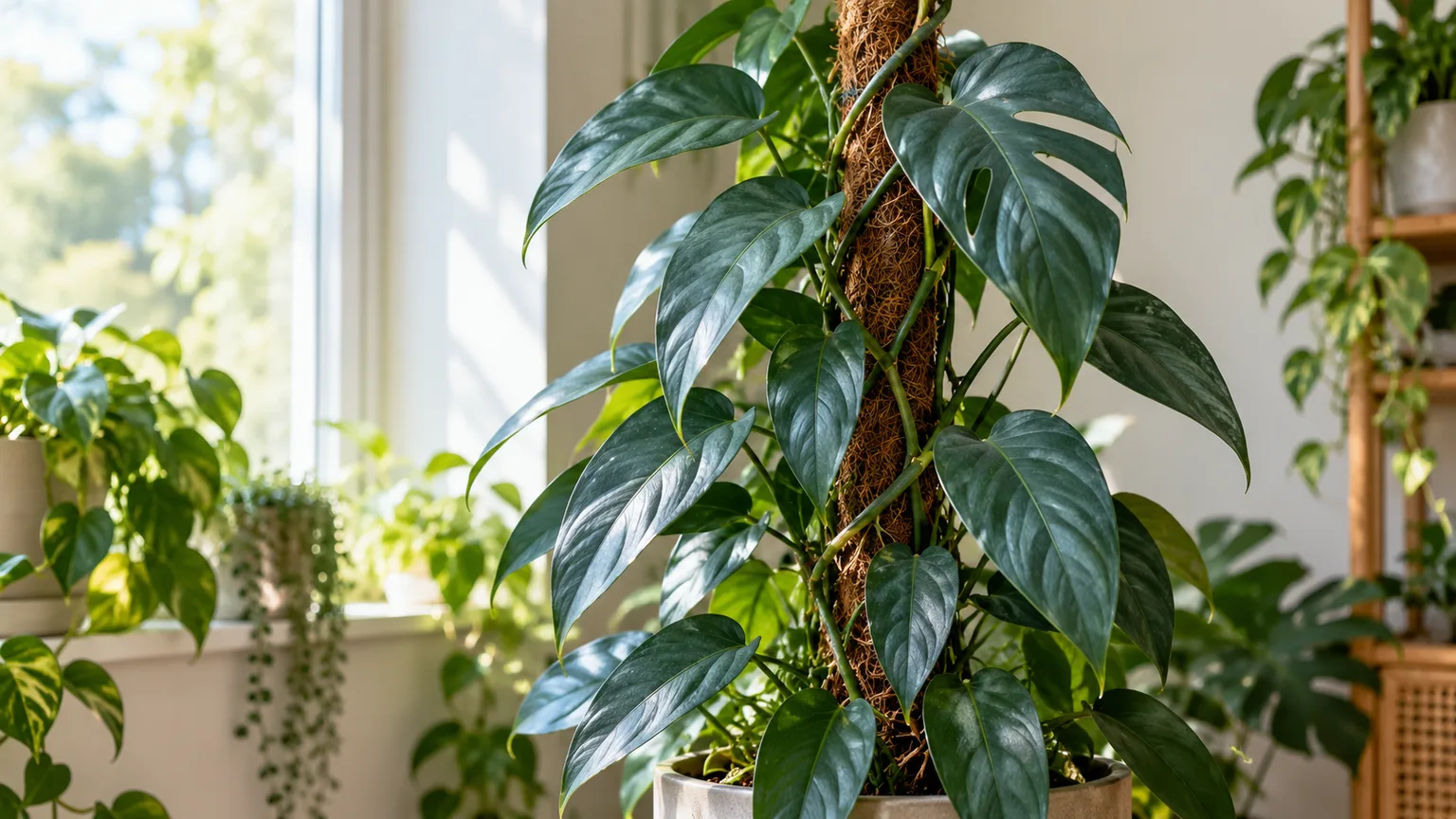 Baltic Blue pothos with dark blue-green fenestrated leaves climbing a moss pole in bright filtered light