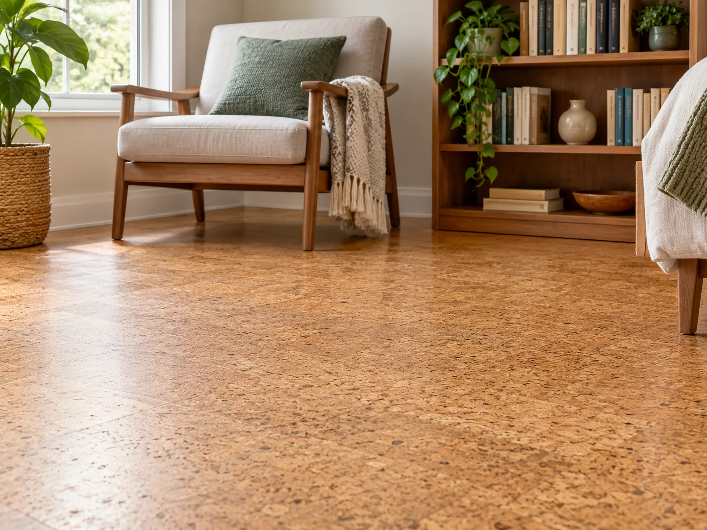 A sunlit reading nook with warm, flecked cork flooring