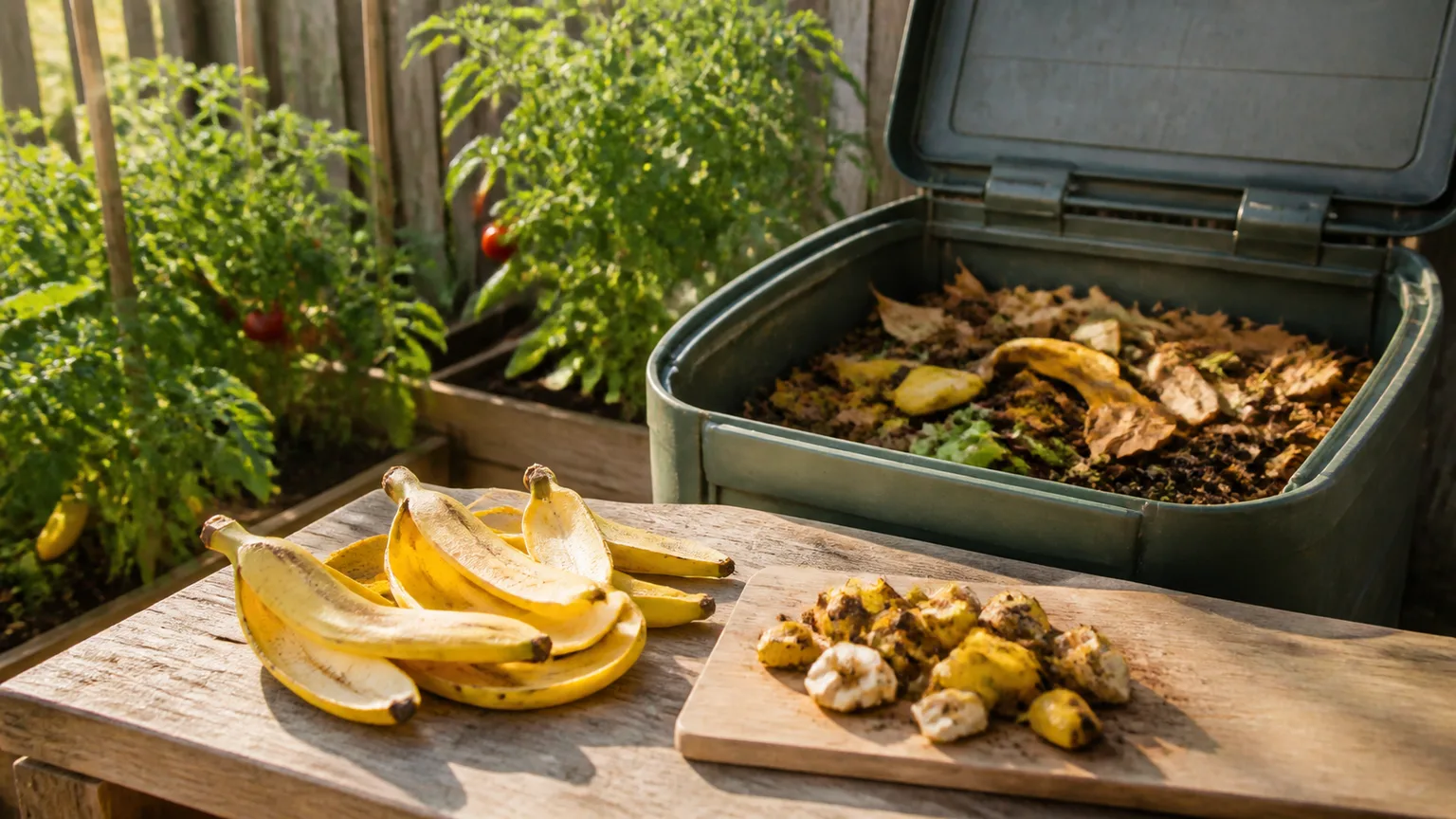 Banana peels beside a backyard compost bin in a productive kitchen garden