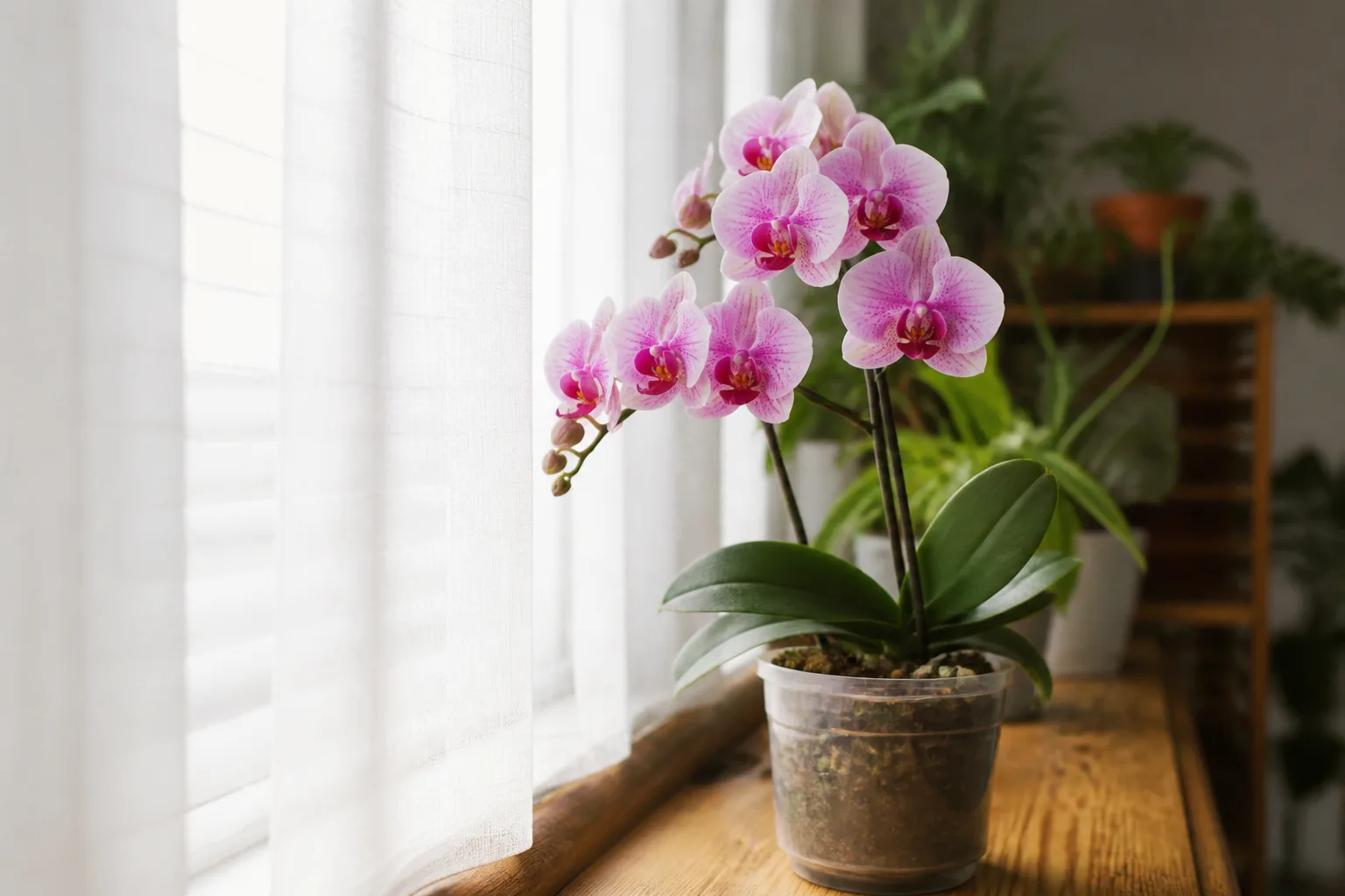 Phalaenopsis orchid on a windowsill with soft filtered morning light through a sheer curtain