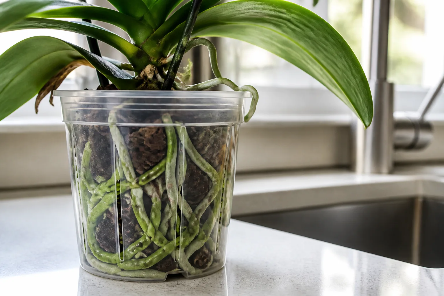 Phalaenopsis orchid in a clear pot showing healthy green and silvery roots through the sides