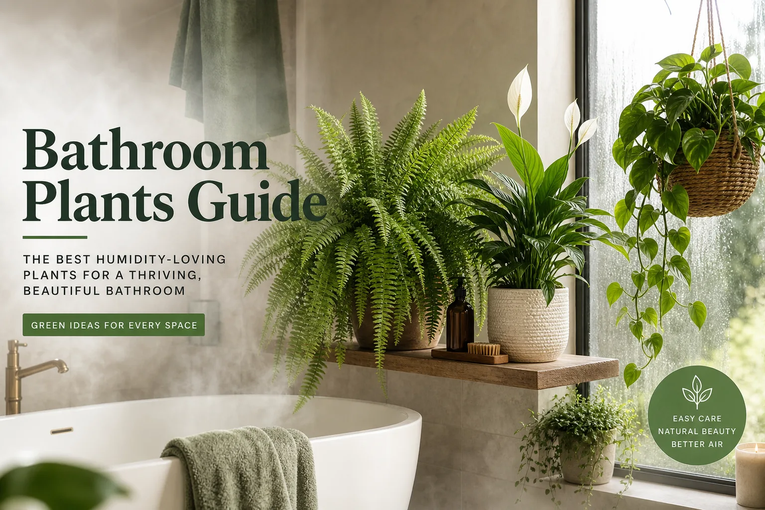 Bathroom with a few humidity-loving indoor plants on a shelf and near a frosted window