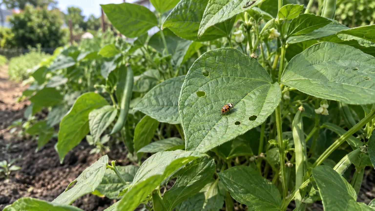 Bean leaf beetle feeding on a bean leaf in a home vegetable garden