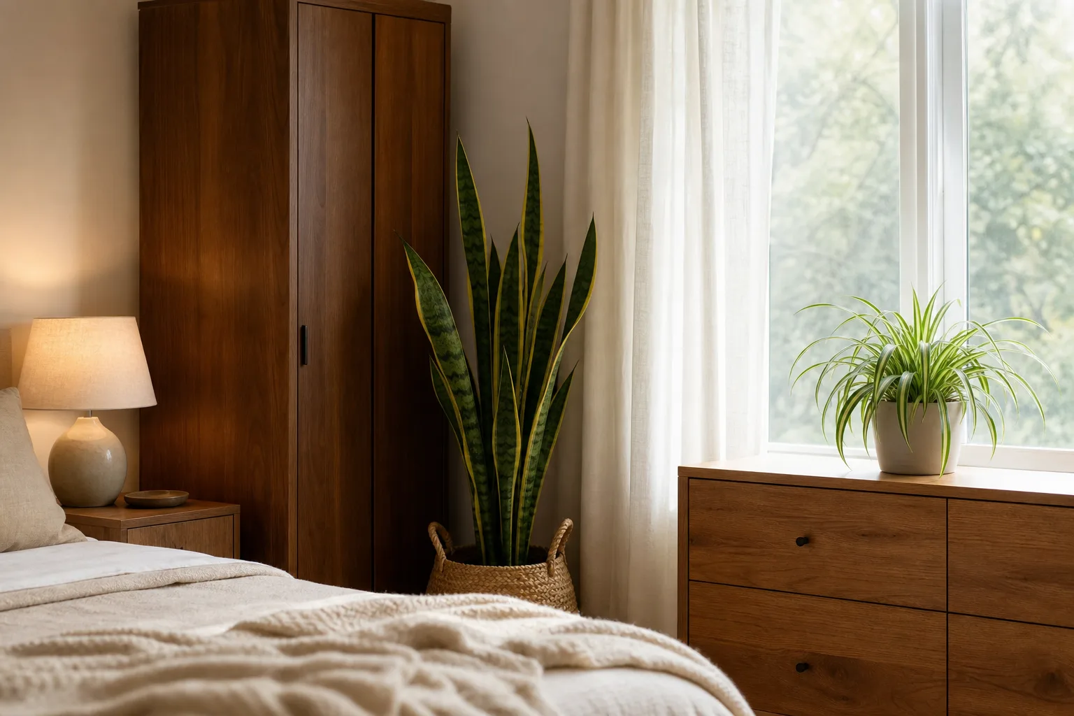 Calm bedroom with snake plant in a corner and spider plant on a dresser