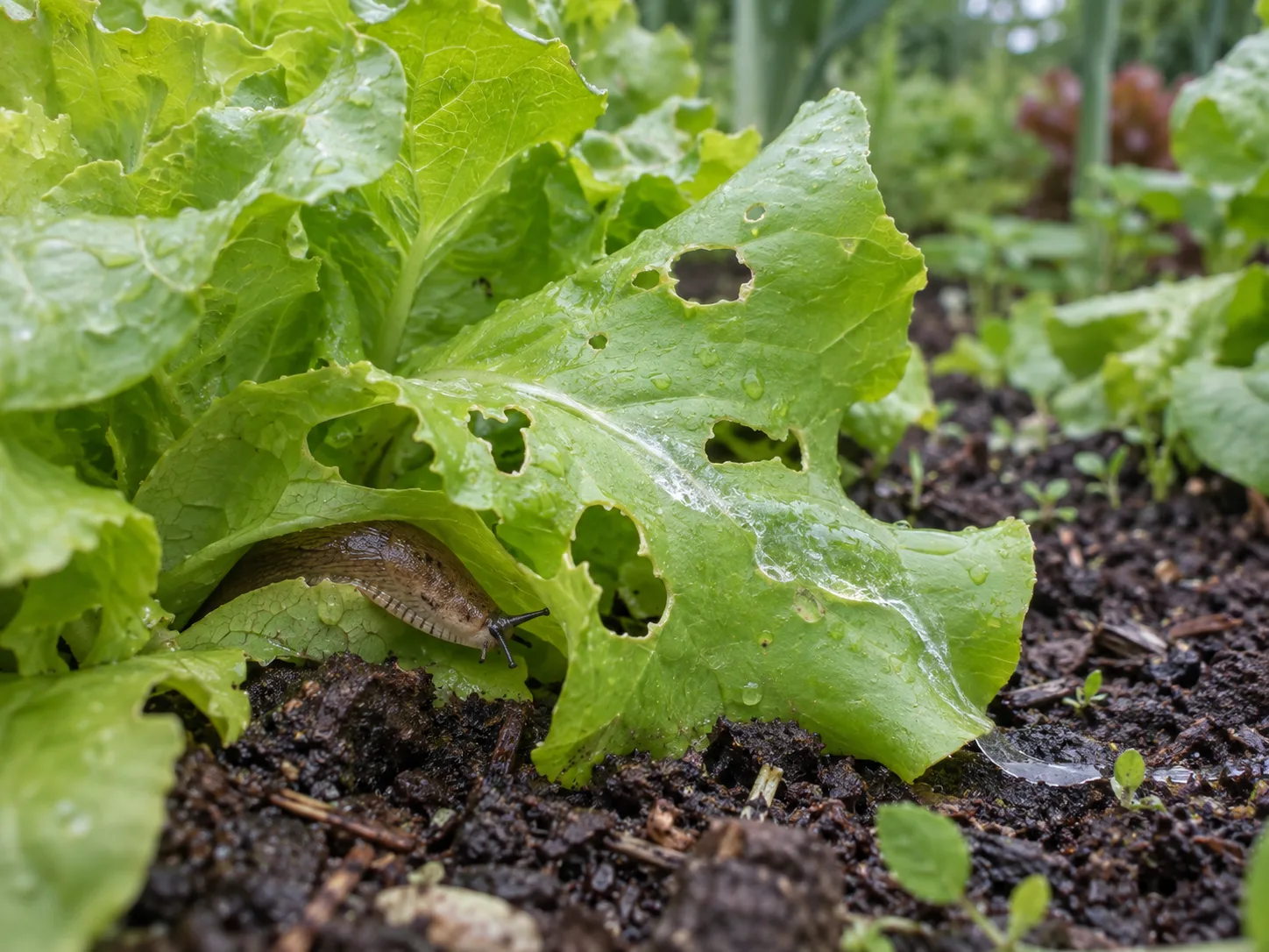 Lettuce leaves show irregular feeding holes with a slug beneath one leaf