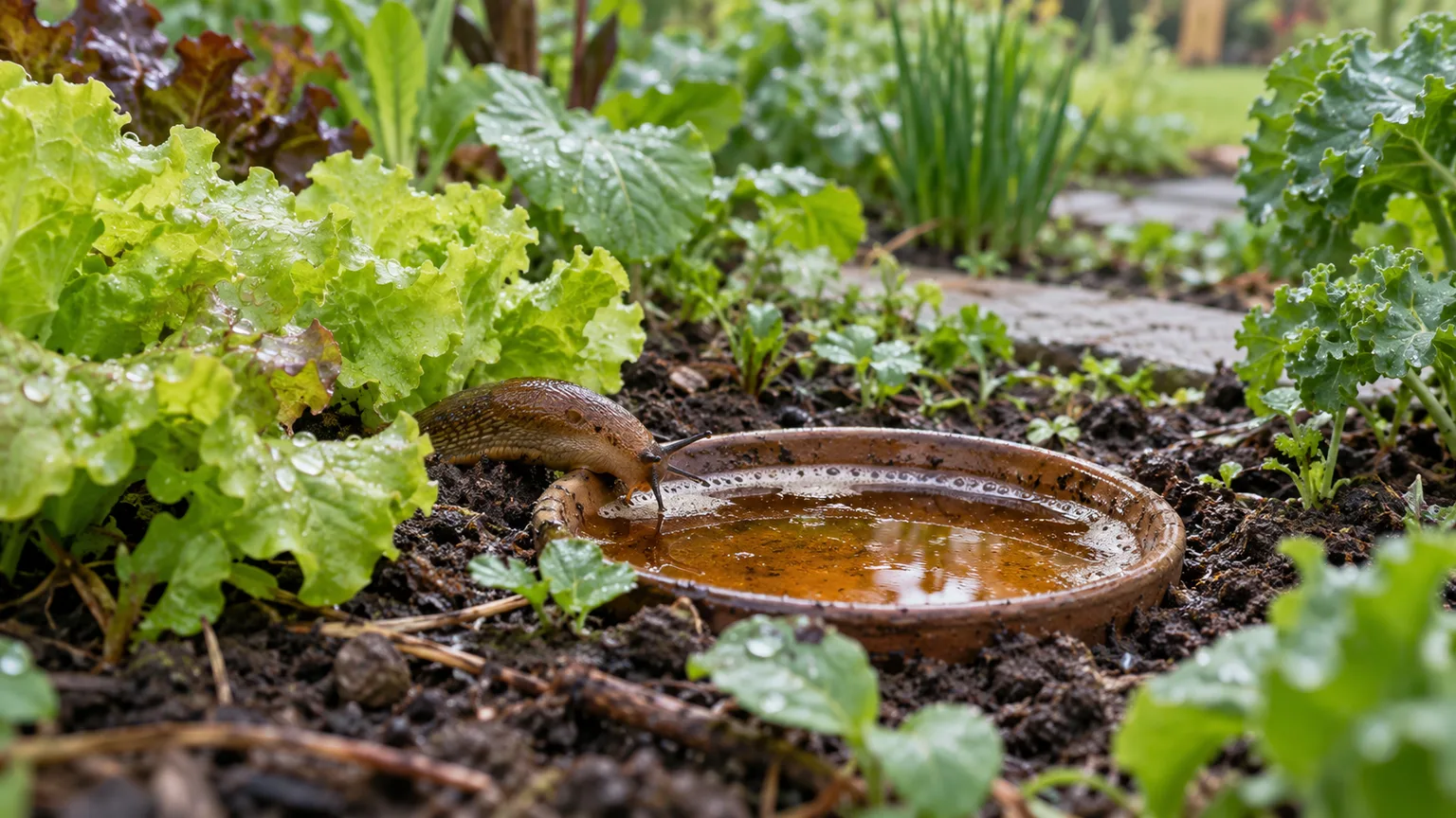 A slug approaches a shallow beer trap in a leafy garden bed