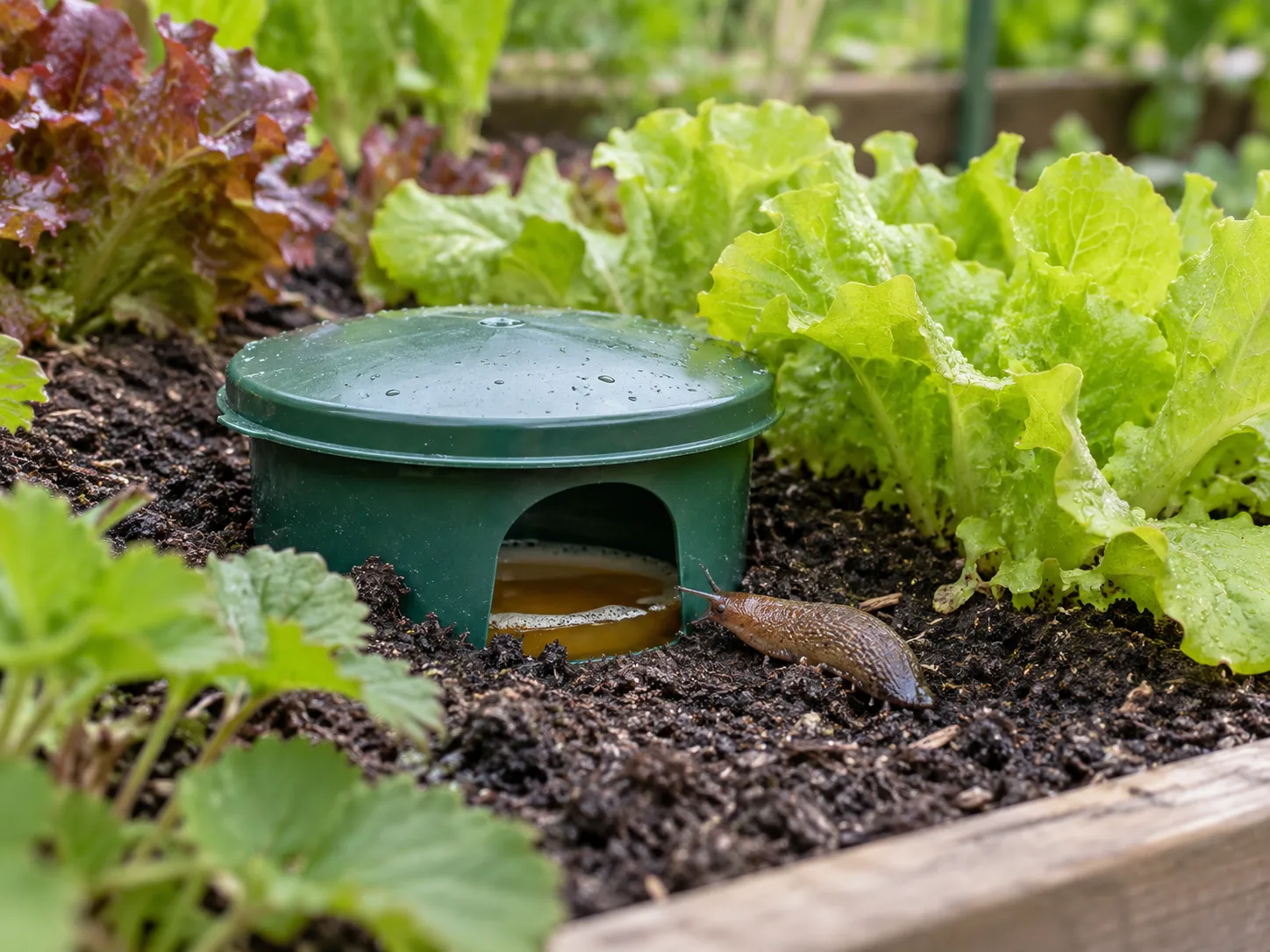 A covered beer trap sits at soil level beside leafy garden plants, with a slug approaching