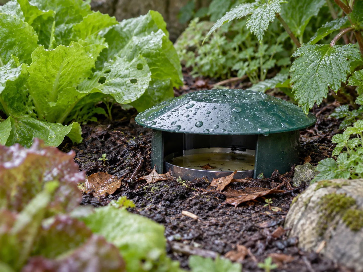 Rain beads on a covered slug trap beside damp garden plants