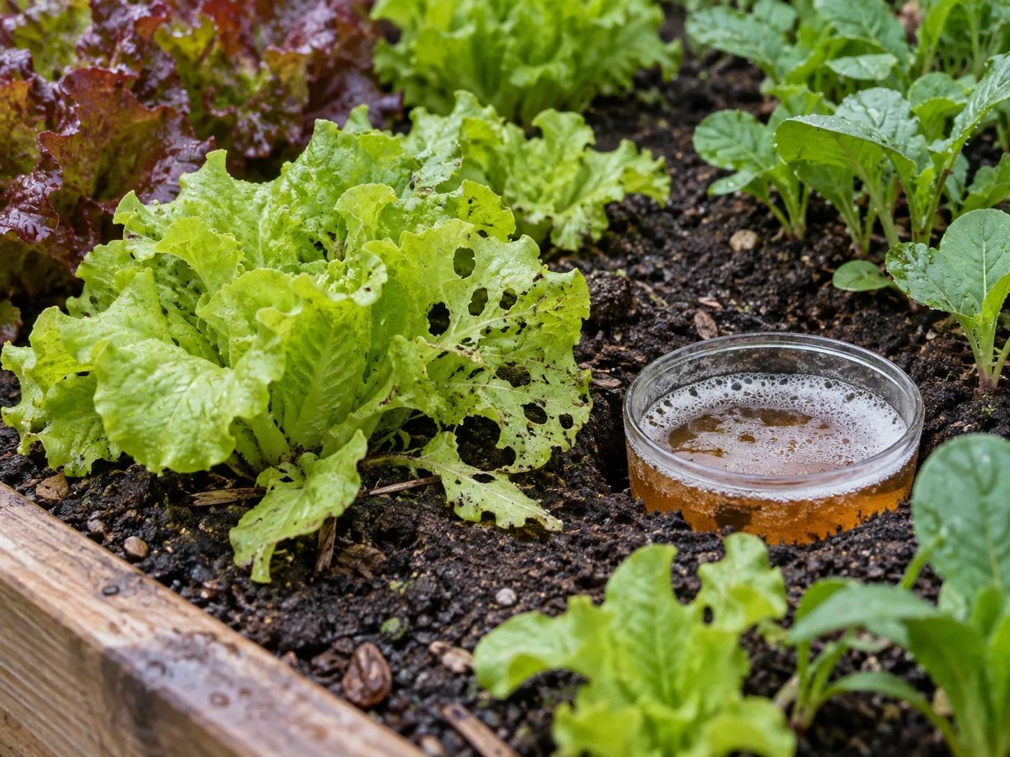One beer trap sits beside lettuce with localized feeding holes in a garden bed